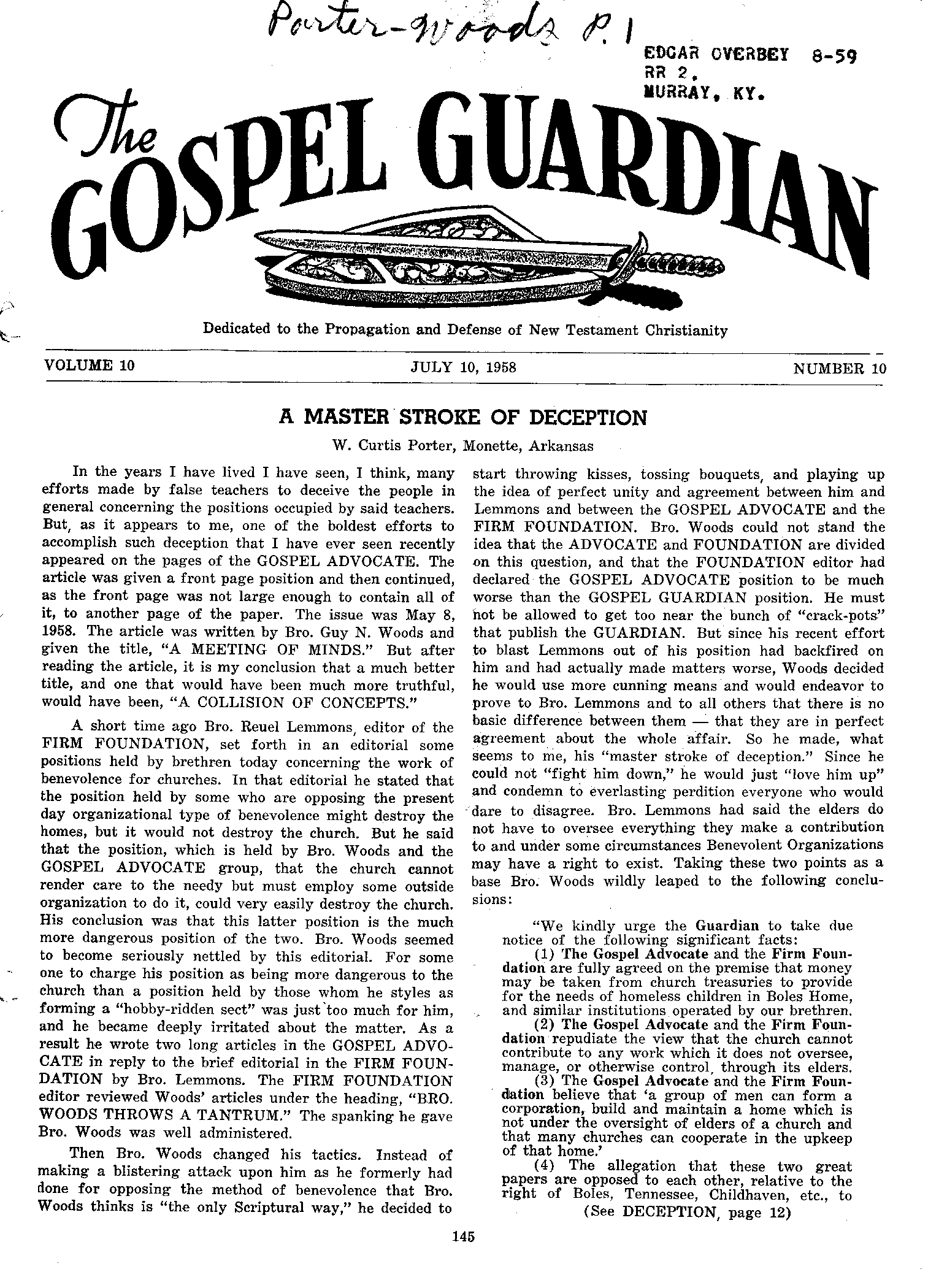 Gospel Guardian Original: Vol.10 No.10 Pg.1