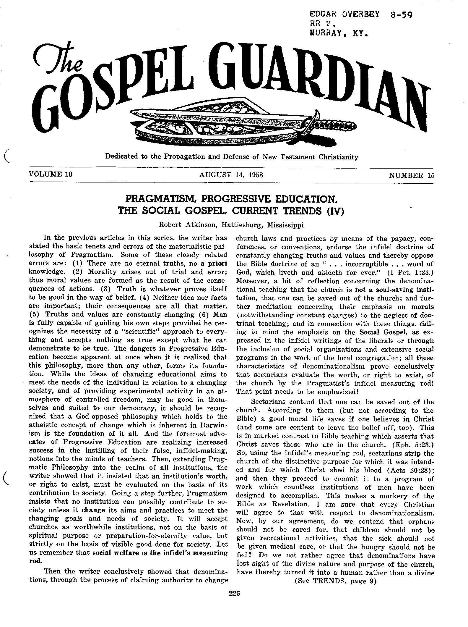 Gospel Guardian Original: Vol.10 No.15 Pg.1