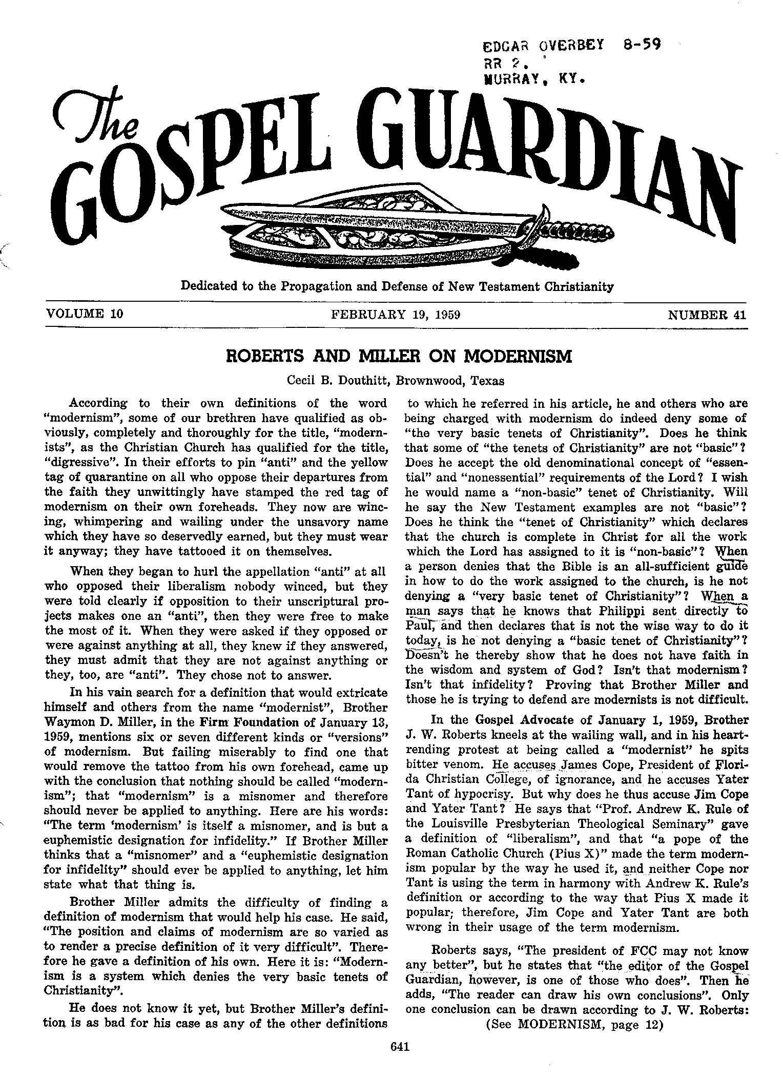 Gospel Guardian Original: Vol.10 No.41 Pg.1