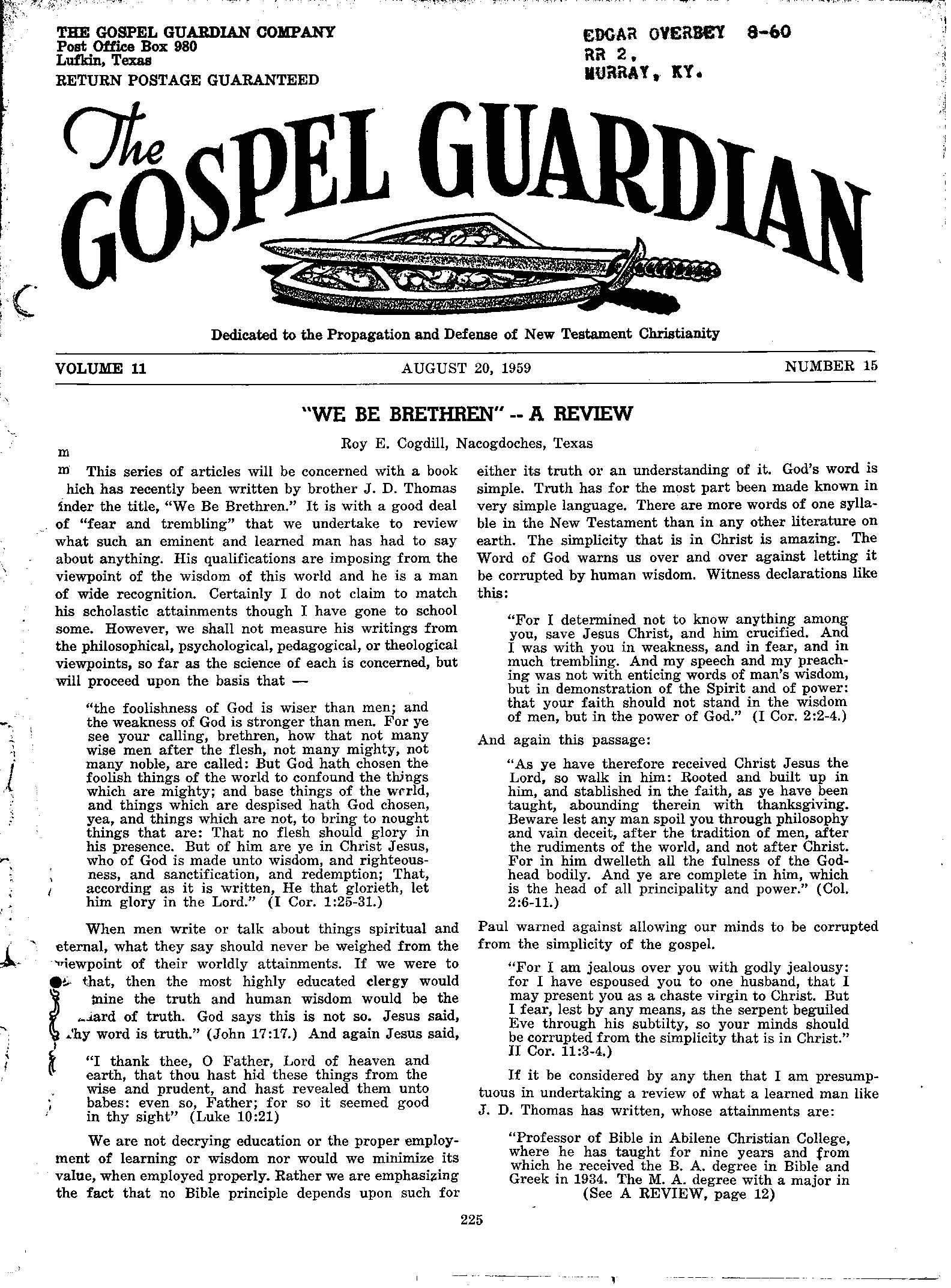Gospel Guardian Original: Vol.11 No.15 Pg.1