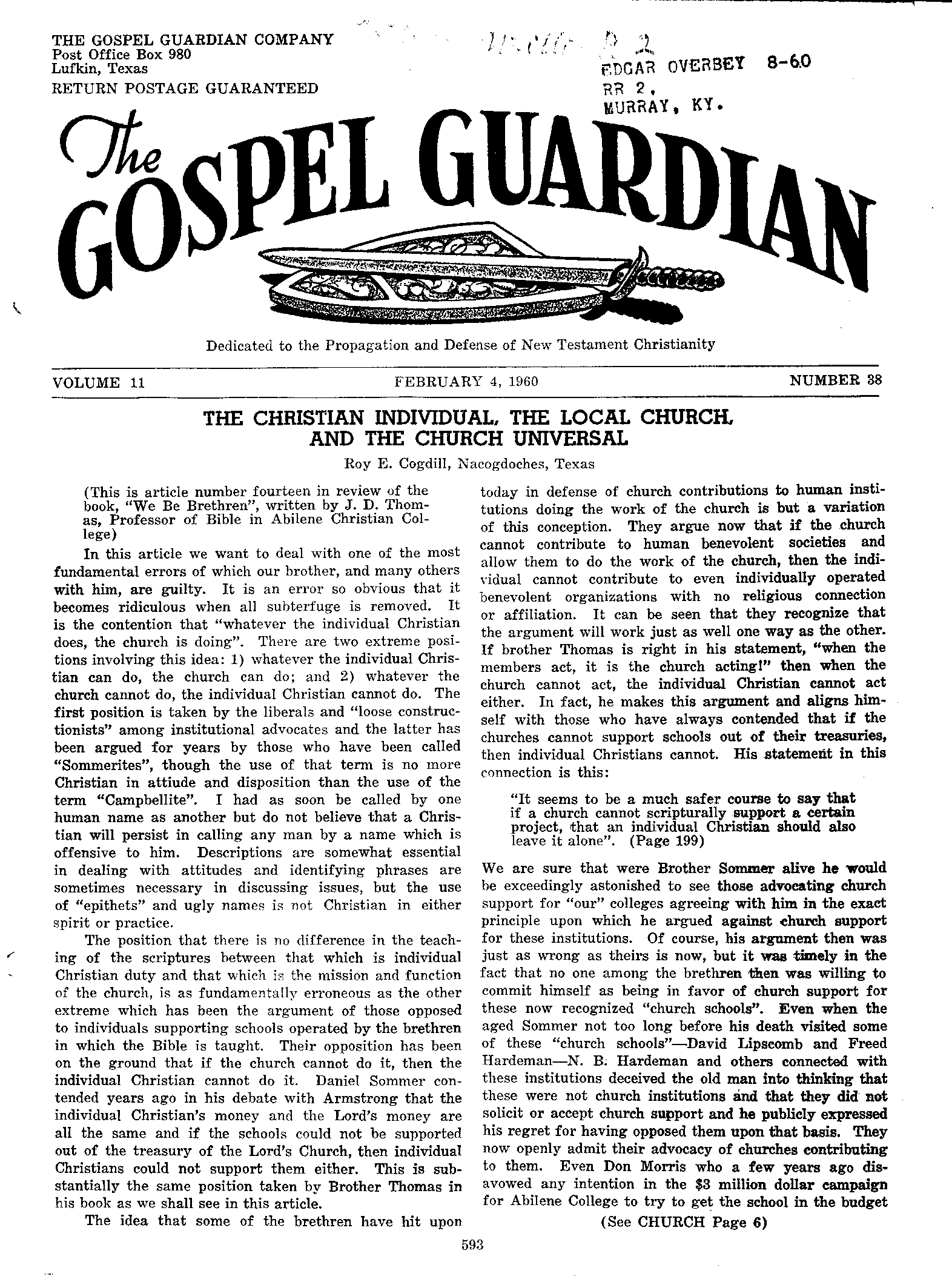 Gospel Guardian Original: Vol.11 No.38 Pg.1