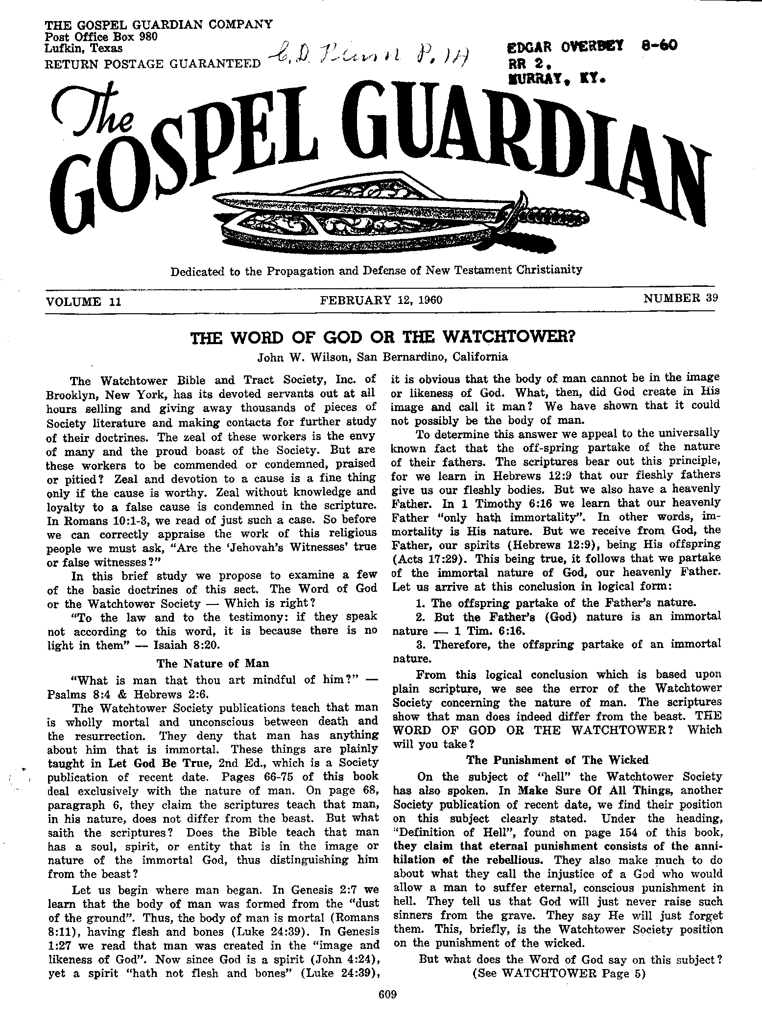 Gospel Guardian Original: Vol.11 No.39 Pg.1