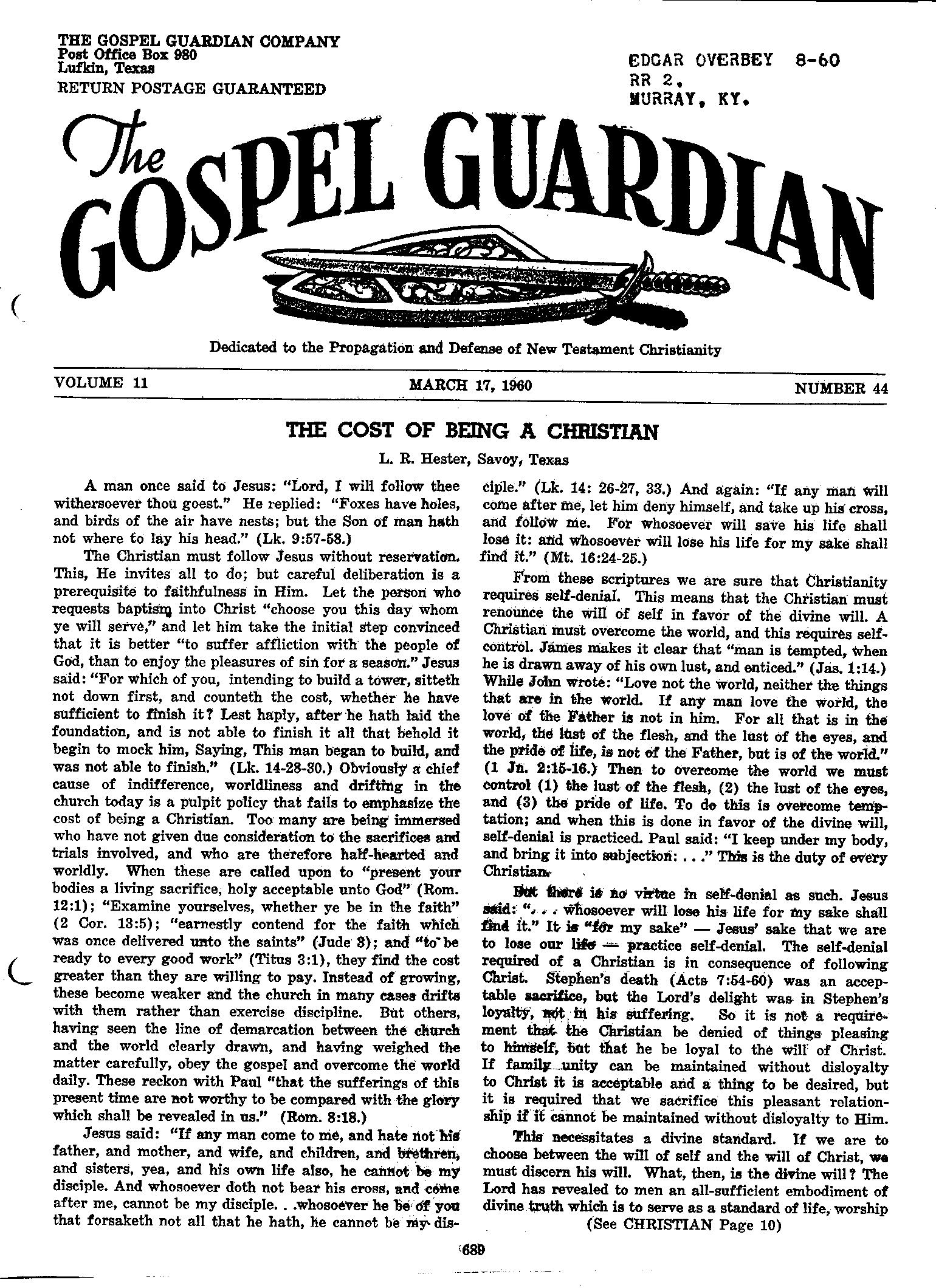 Gospel Guardian Original: Vol.11 No.44 Pg.1
