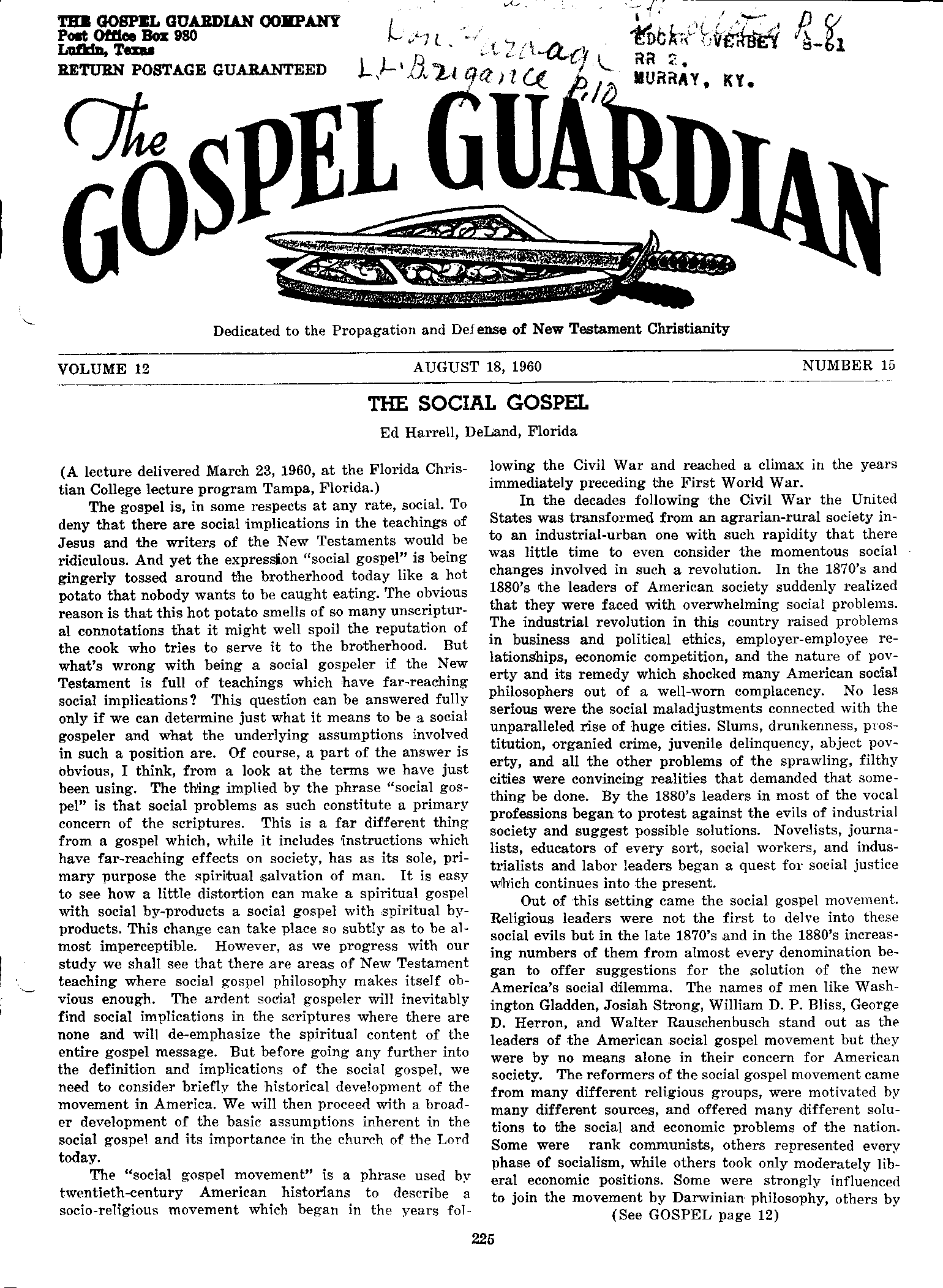 Gospel Guardian Original: Vol.12 No.15 Pg.1