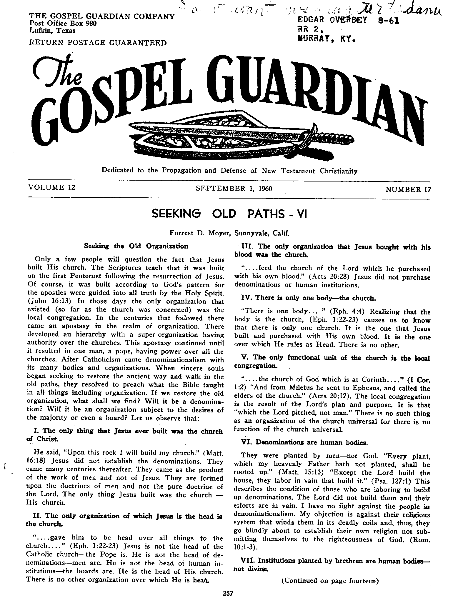 Gospel Guardian Original: Vol.12 No.17 Pg.1