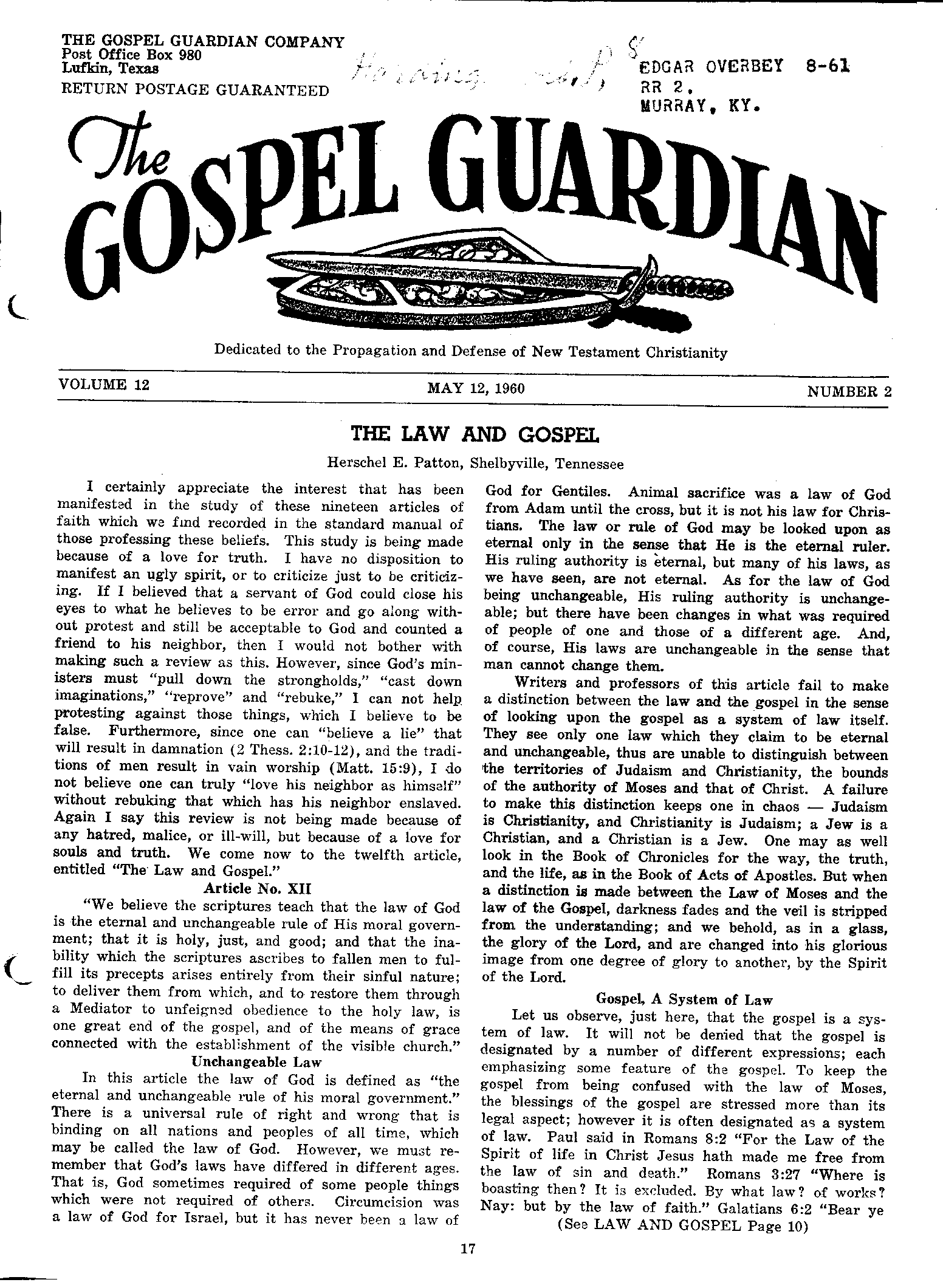 Gospel Guardian Original: Vol.12 No.2 Pg.1