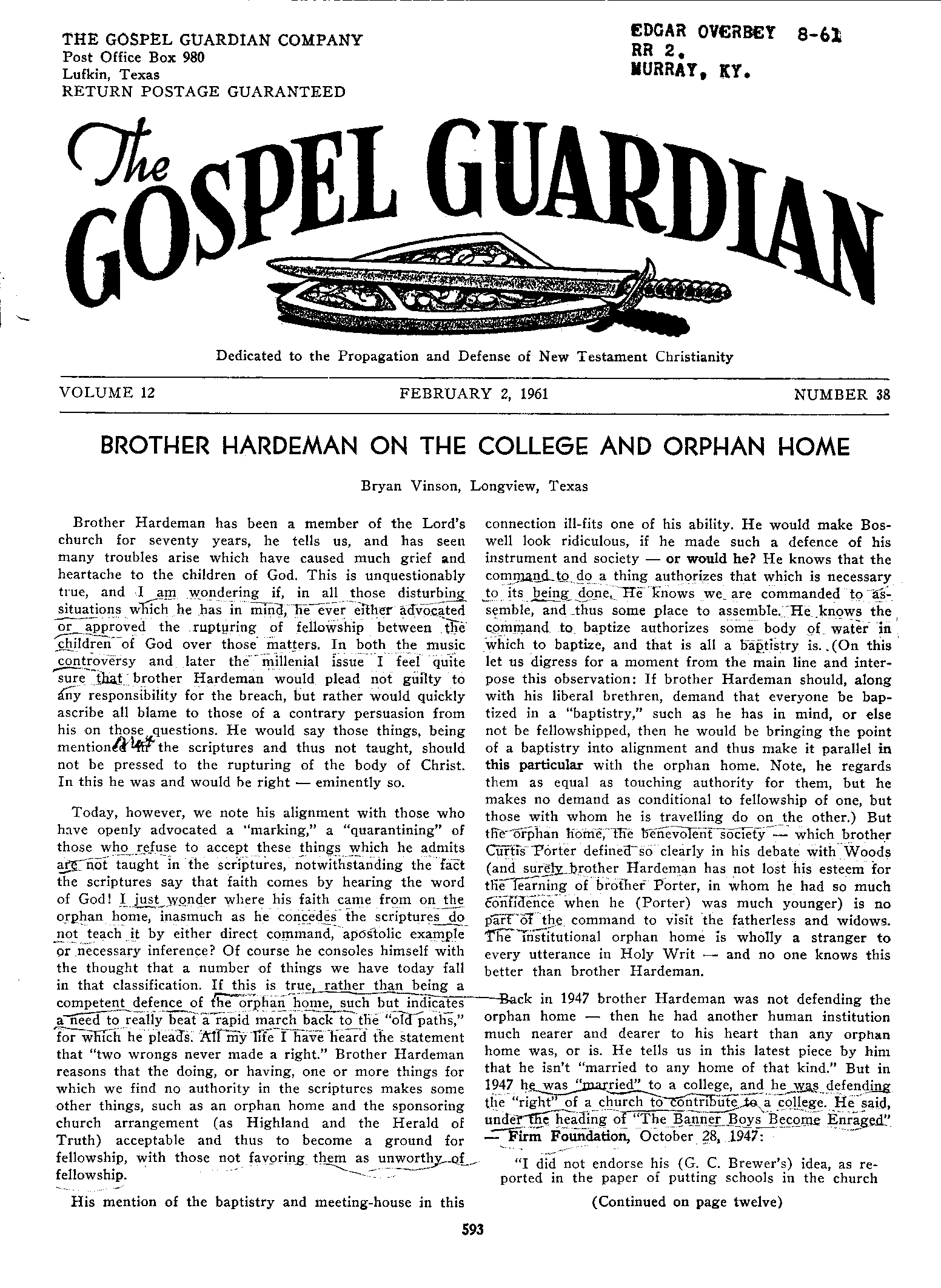 Gospel Guardian Original: Vol.12 No.38 Pg.1