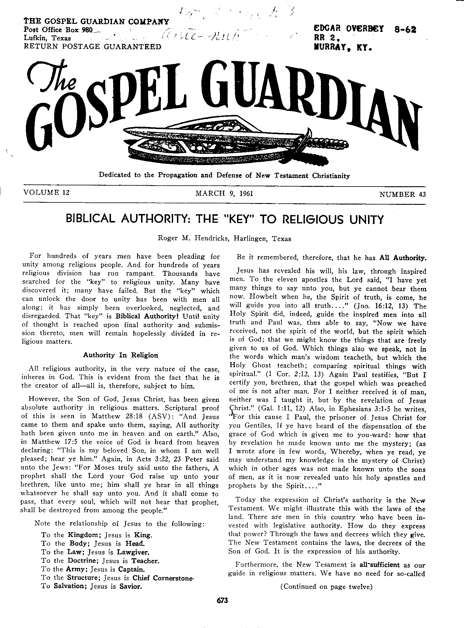 Gospel Guardian Original: Vol.12 No.43 Pg.1