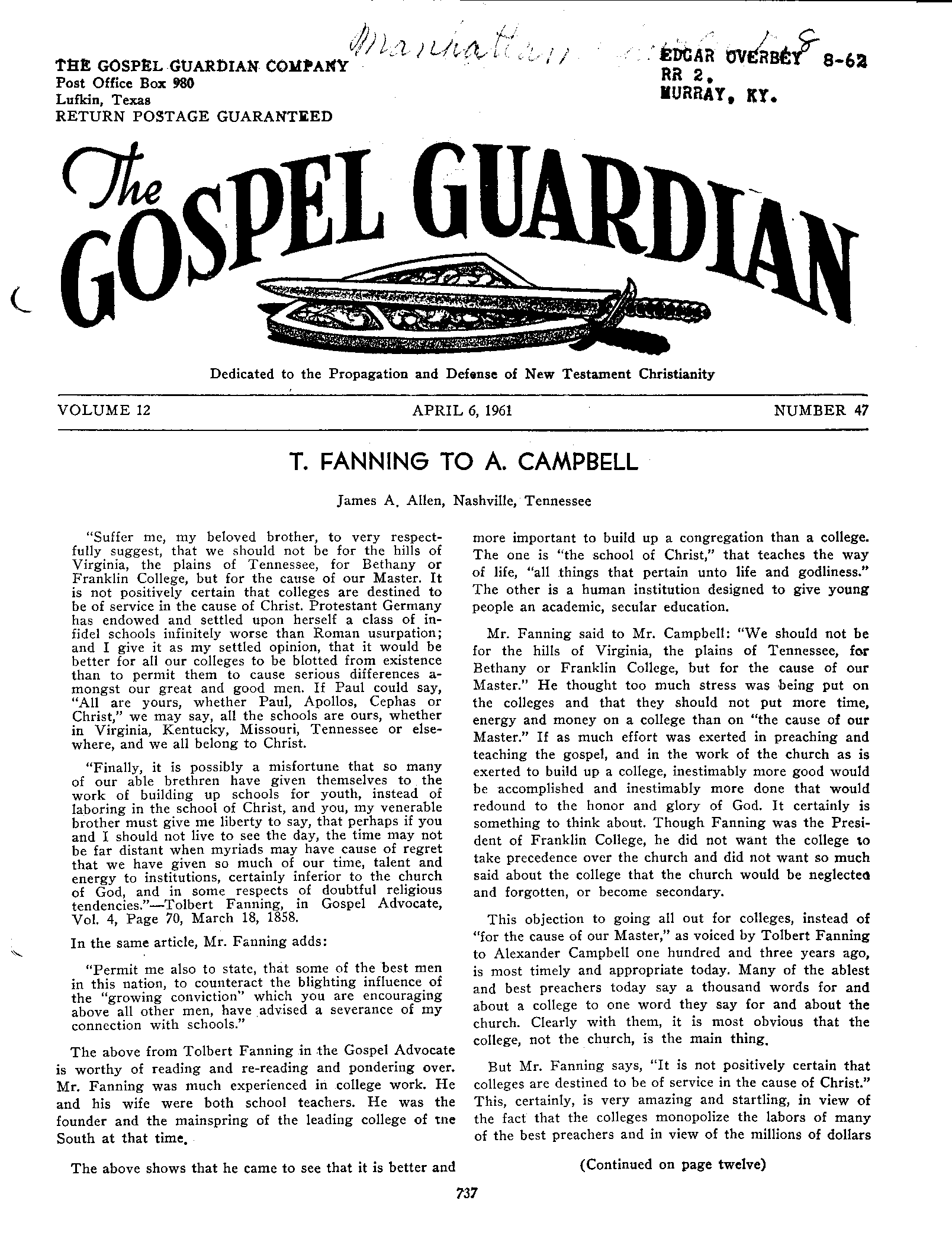Gospel Guardian Original: Vol.12 No.47 Pg.1