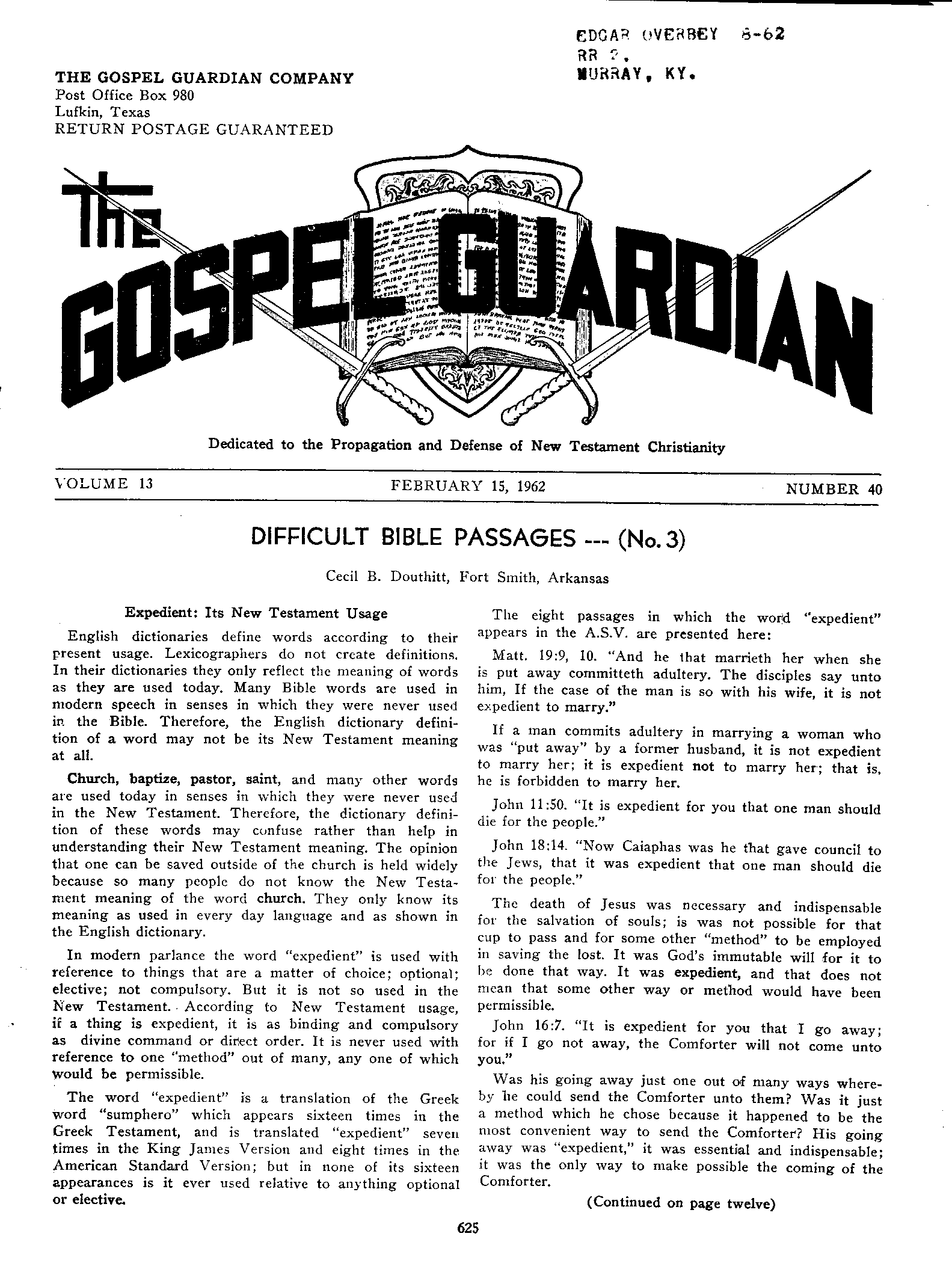 Gospel Guardian Original: Vol.13 No.40 Pg.1