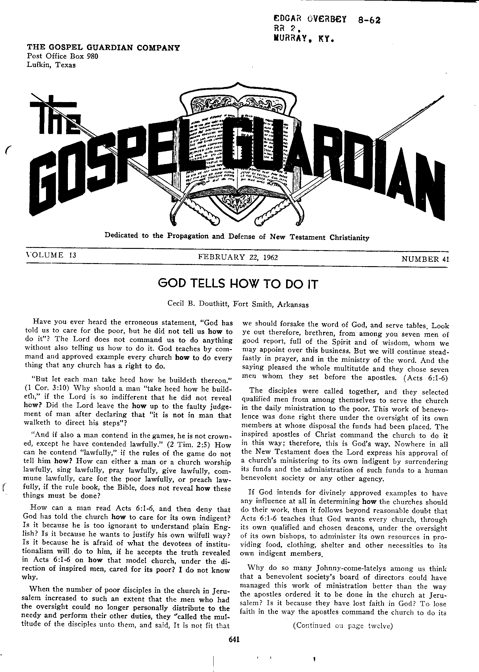Gospel Guardian Original: Vol.13 No.41 Pg.1