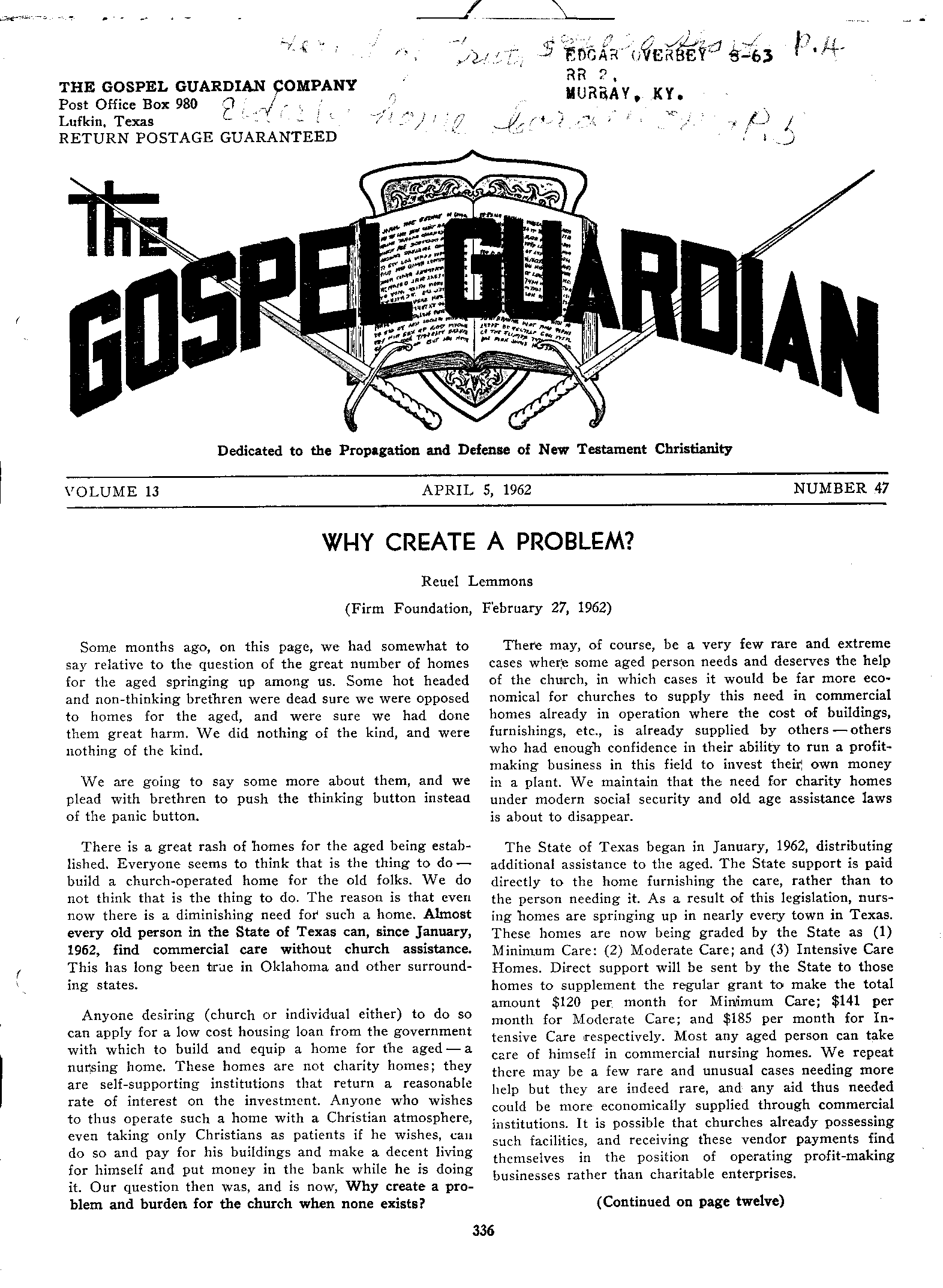 Gospel Guardian Original: Vol.13 No.47 Pg.1