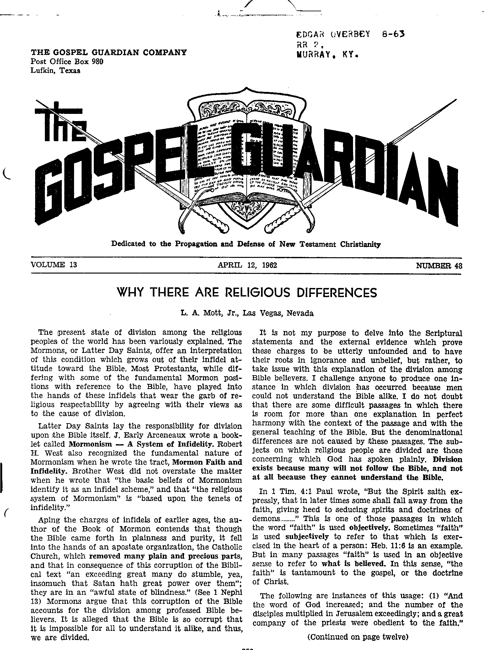 Gospel Guardian Original: Vol.13 No.48 Pg.1