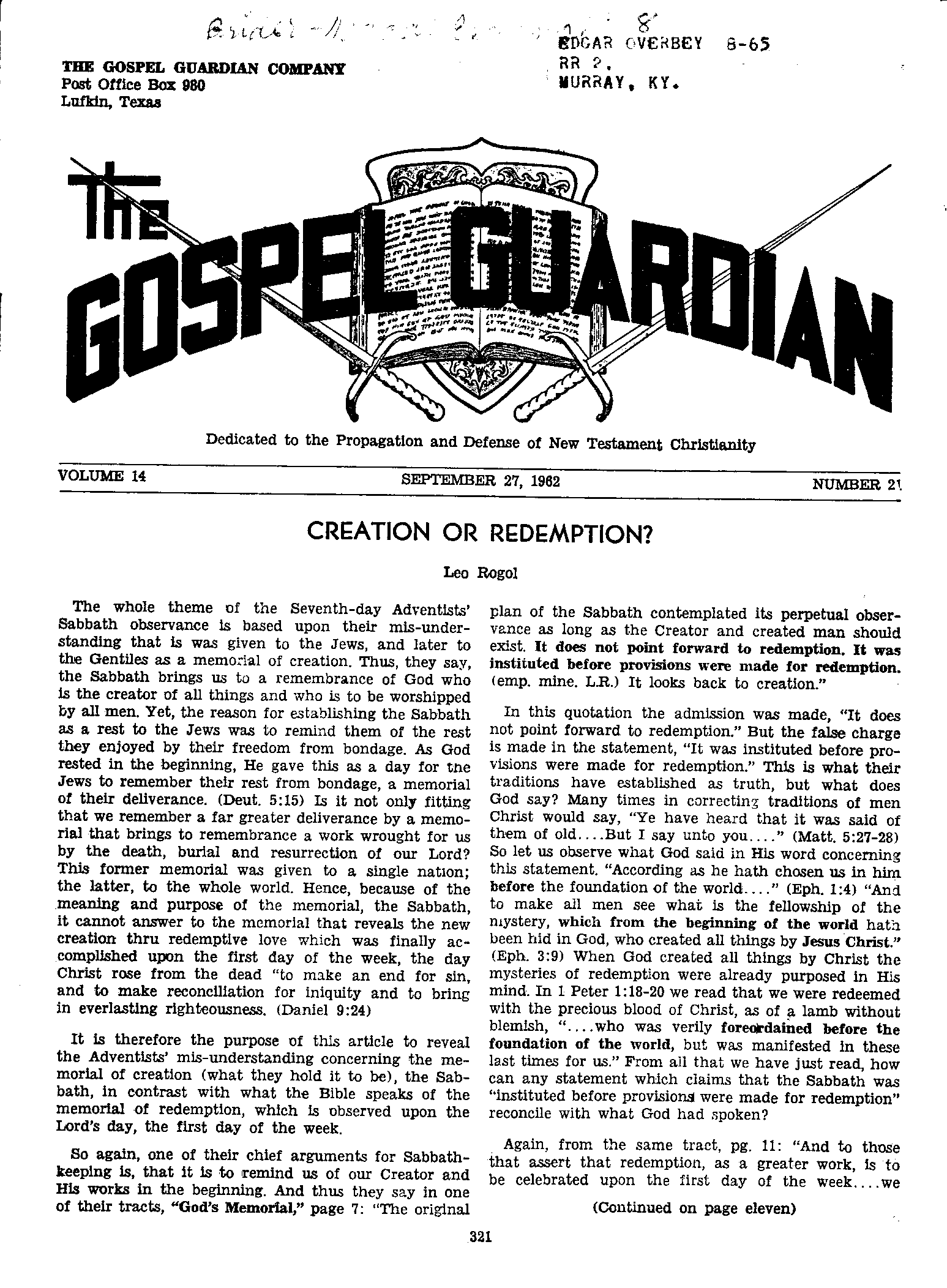 Gospel Guardian Original: Vol.14 No.21 Pg.1