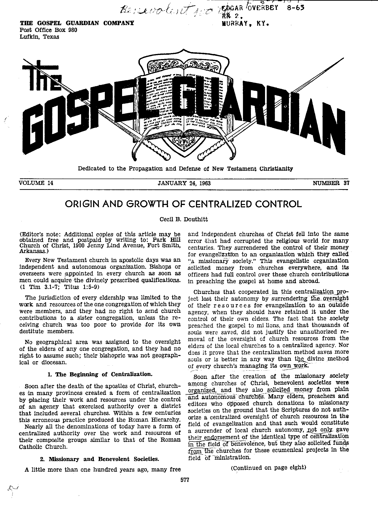 Gospel Guardian Original: Vol.14 No.37 Pg.1
