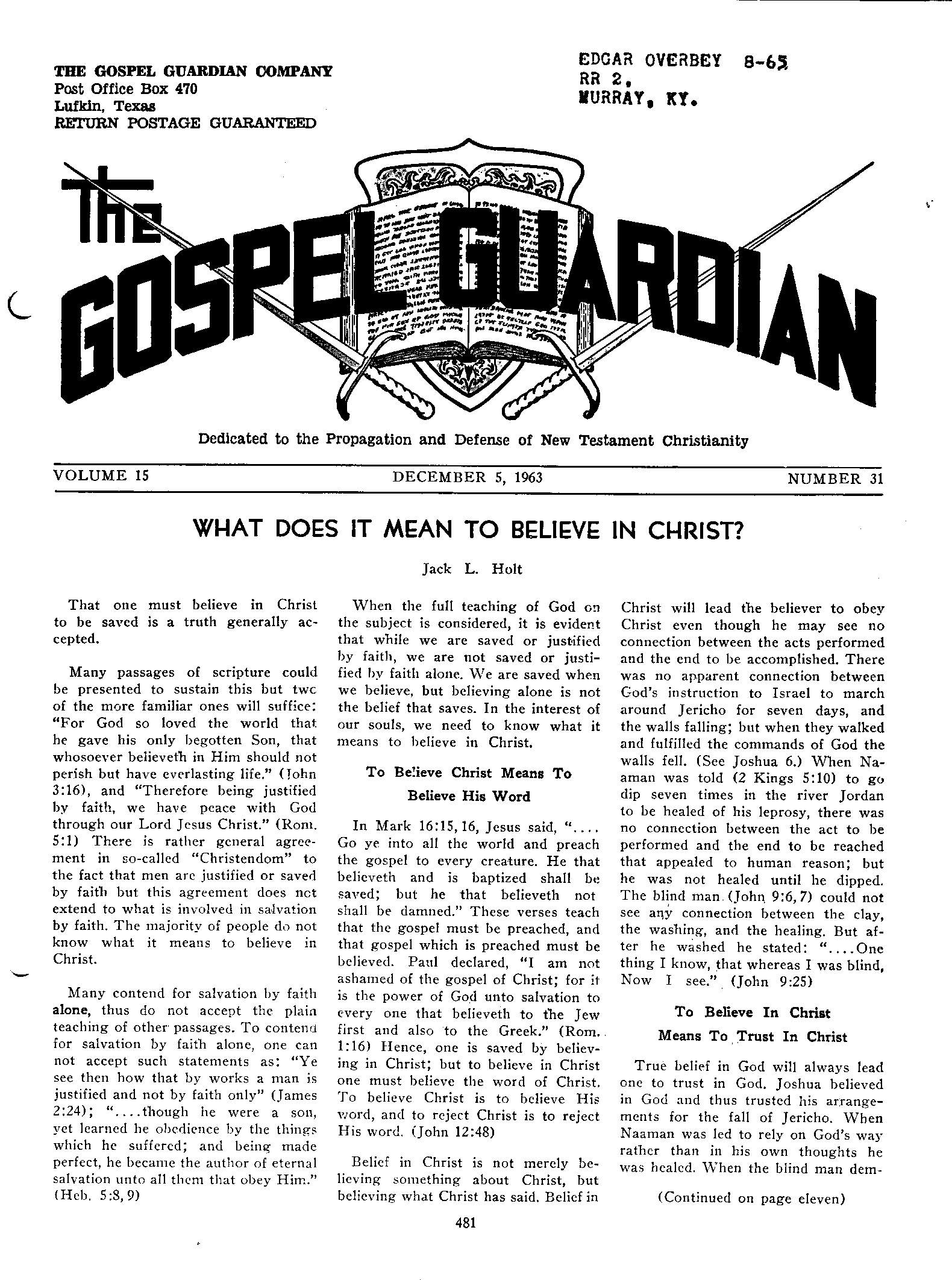 Gospel Guardian Original: Vol.15 No.31 Pg.1