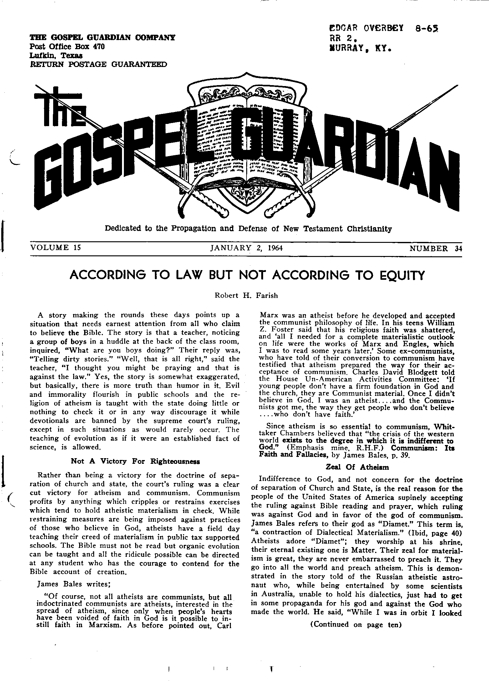 Gospel Guardian Original: Vol.15 No.34 Pg.1