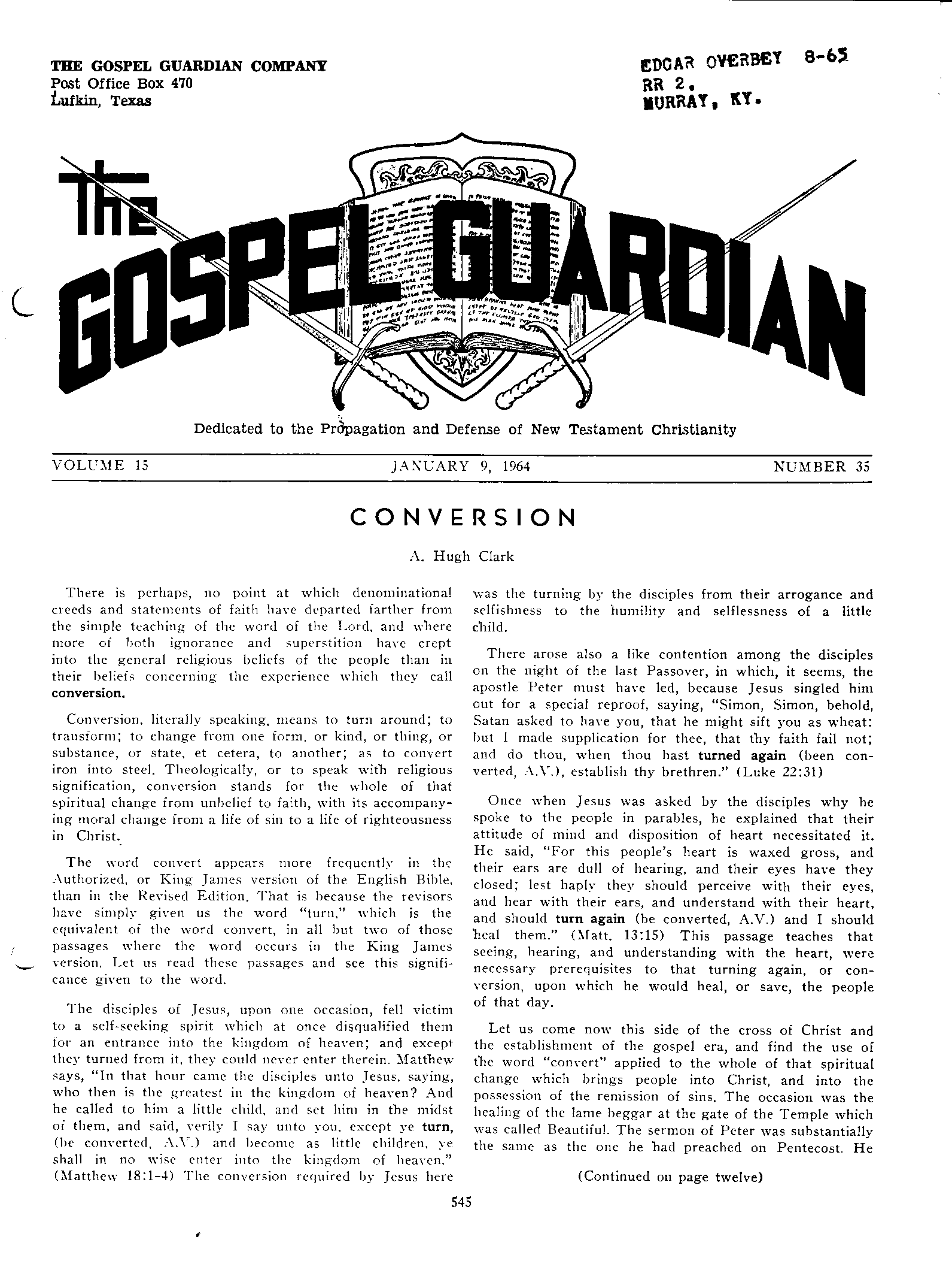 Gospel Guardian Original: Vol.15 No.35 Pg.1