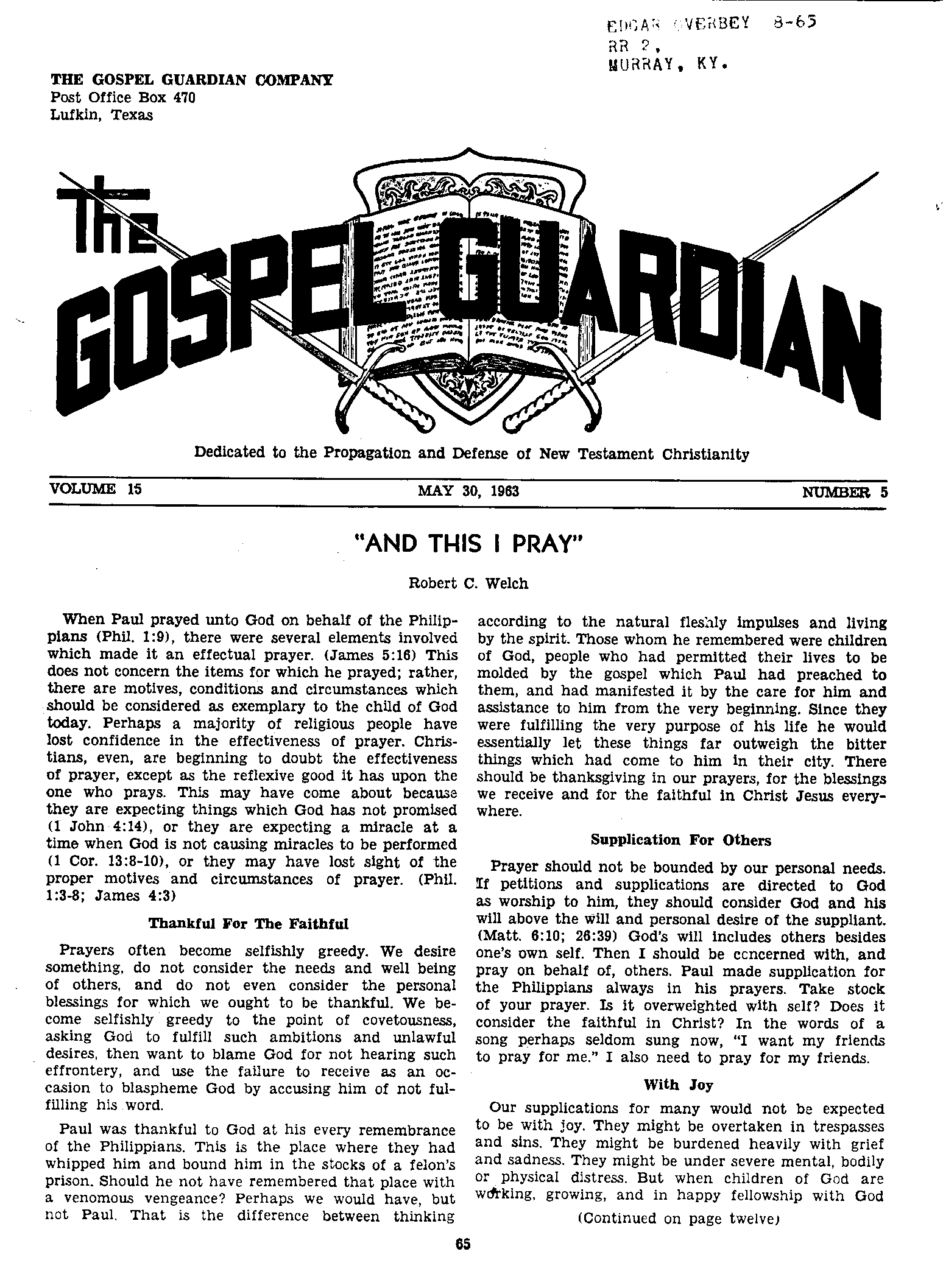 Gospel Guardian Original: Vol.15 No.5 Pg.1
