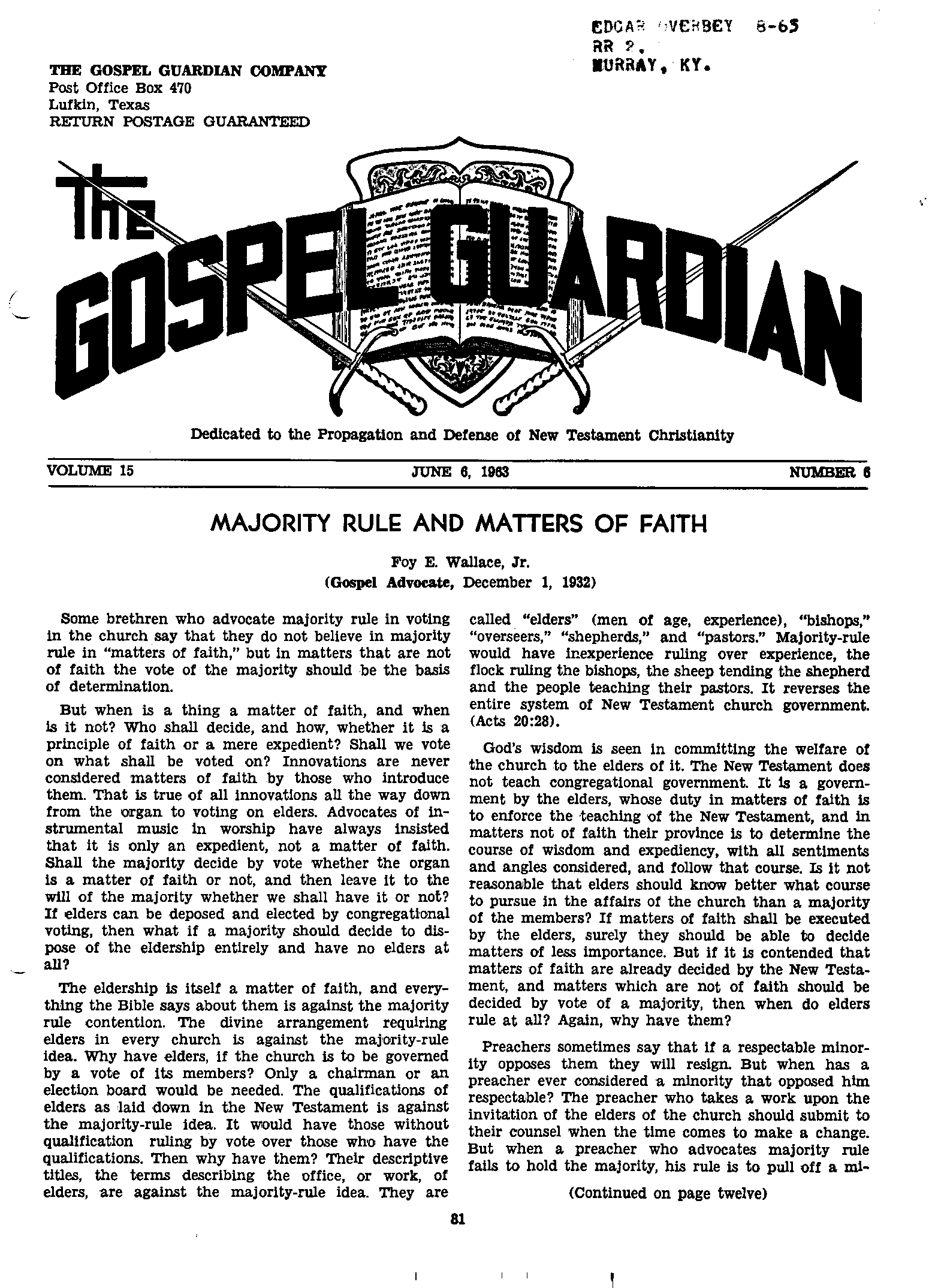 Gospel Guardian Original: Vol.15 No.6 Pg.1