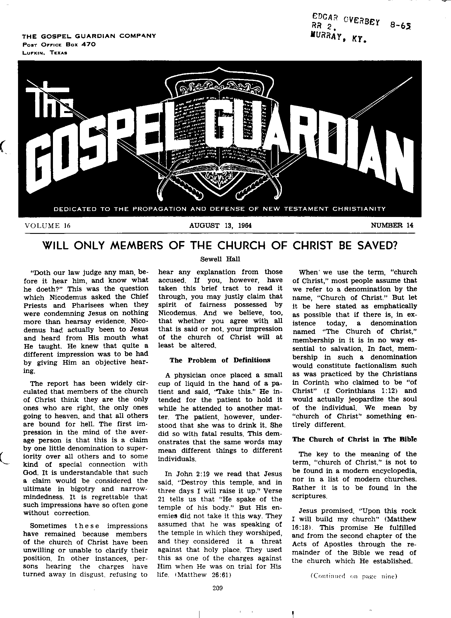 Gospel Guardian Original: Vol.16 No.14 Pg.1