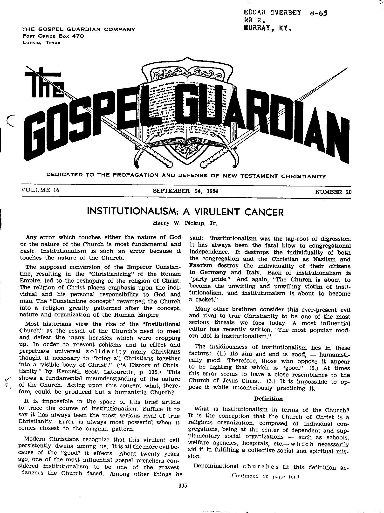Gospel Guardian Original: Vol.16 No.20 Pg.1