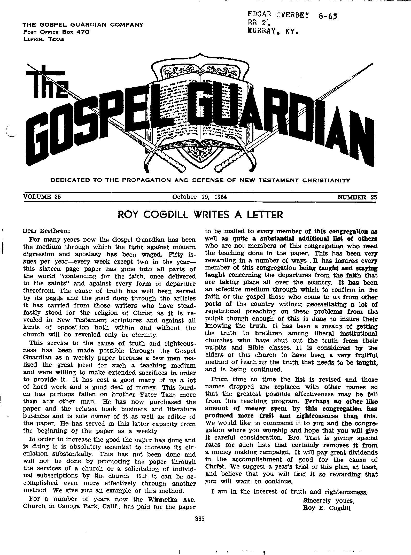Gospel Guardian Original: Vol.16 No.25 Pg.1