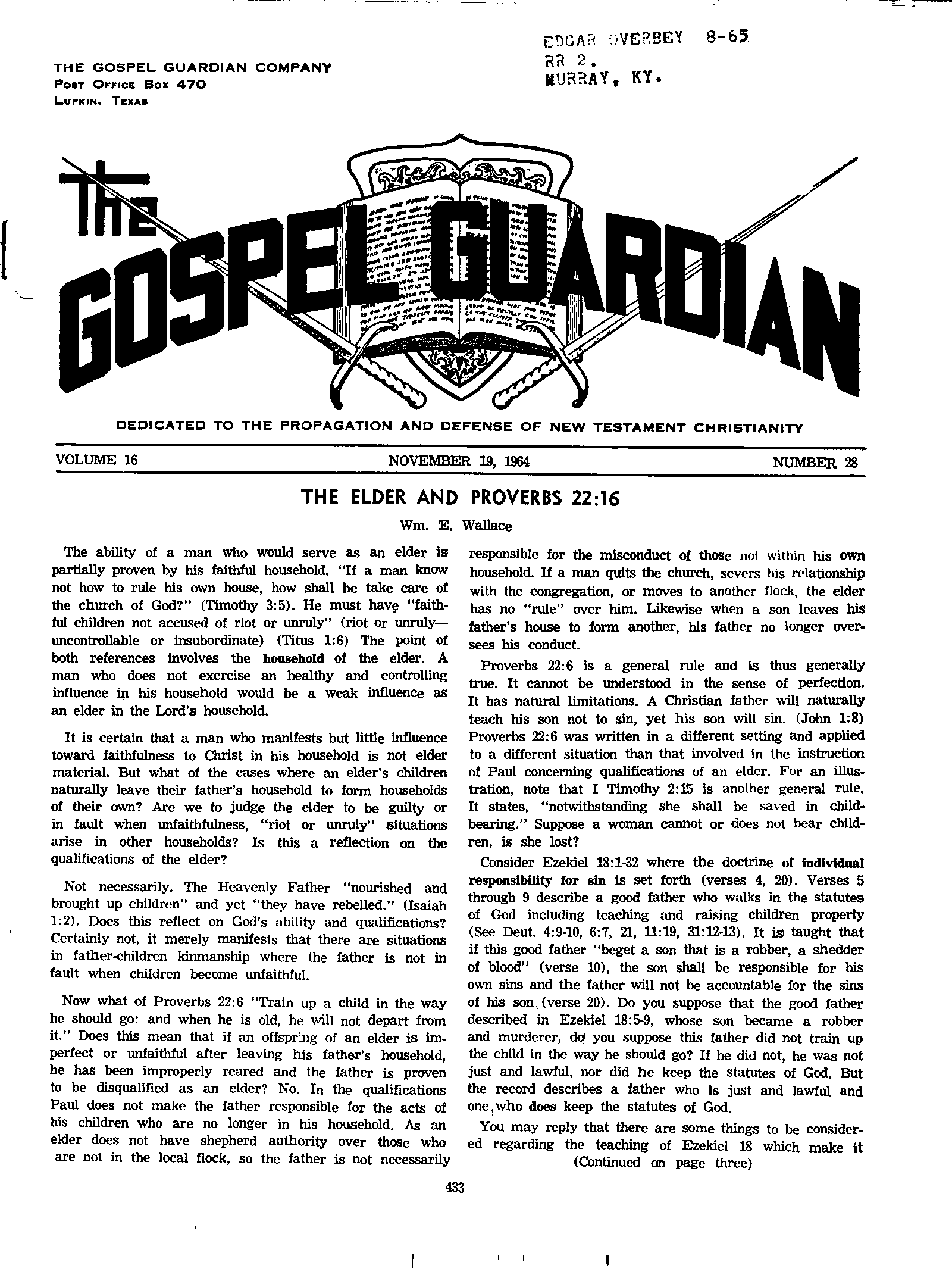 Gospel Guardian Original: Vol.16 No.28 Pg.1