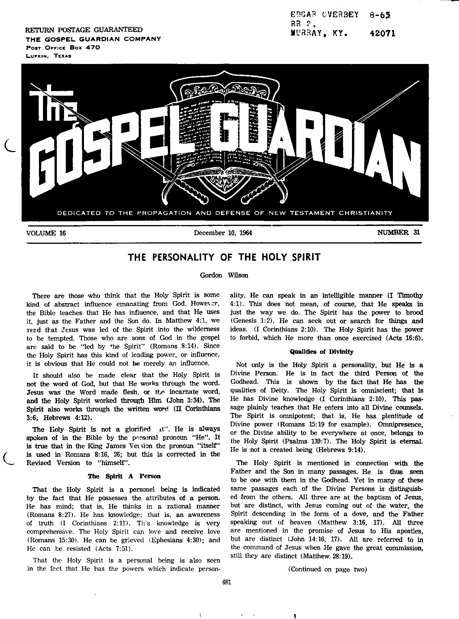 Gospel Guardian Original: Vol.16 No.31 Pg.1