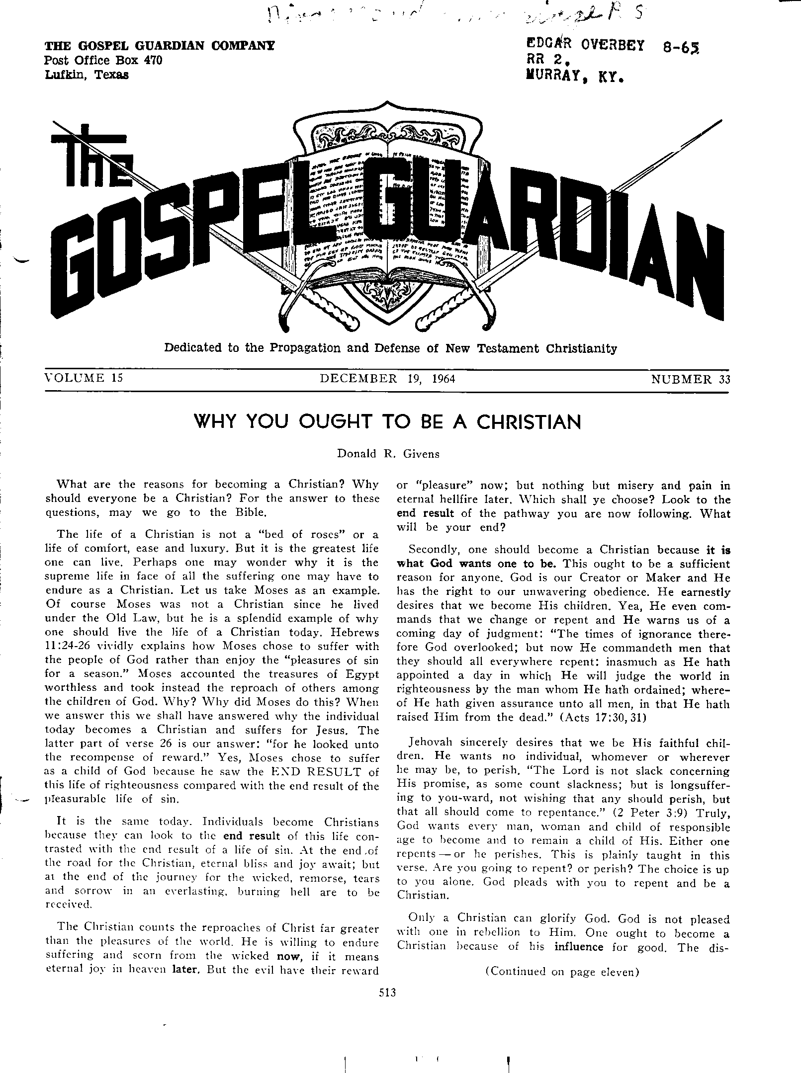 Gospel Guardian Original: Vol.16 No.33 Pg.1