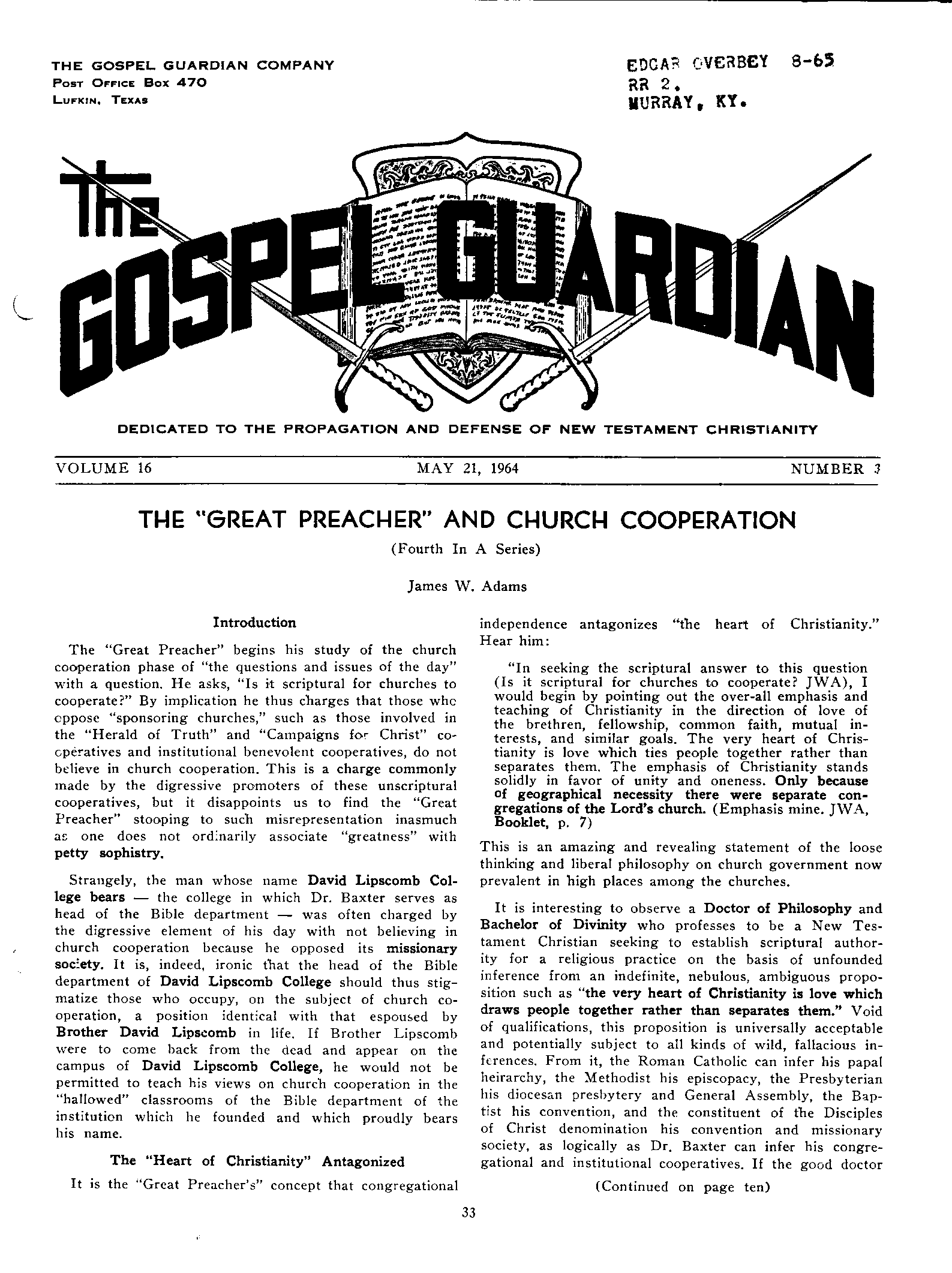 Gospel Guardian Original: Vol.16 No.3 Pg.1