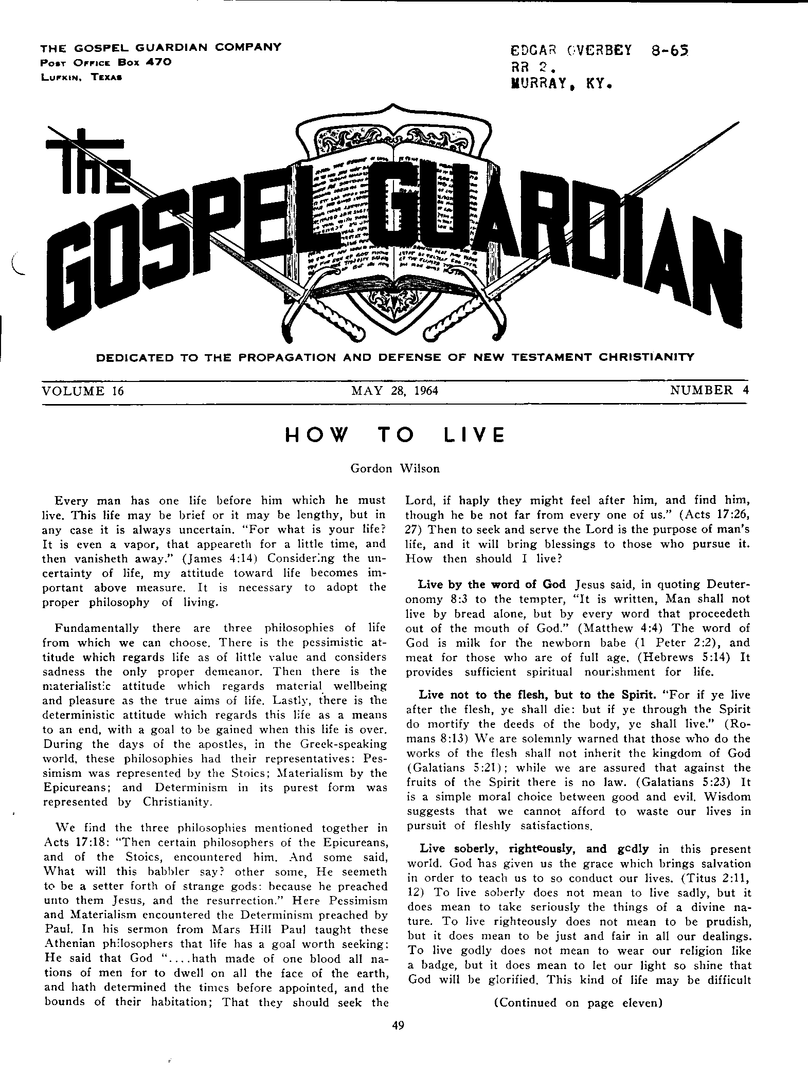 Gospel Guardian Original: Vol.16 No.4 Pg.1