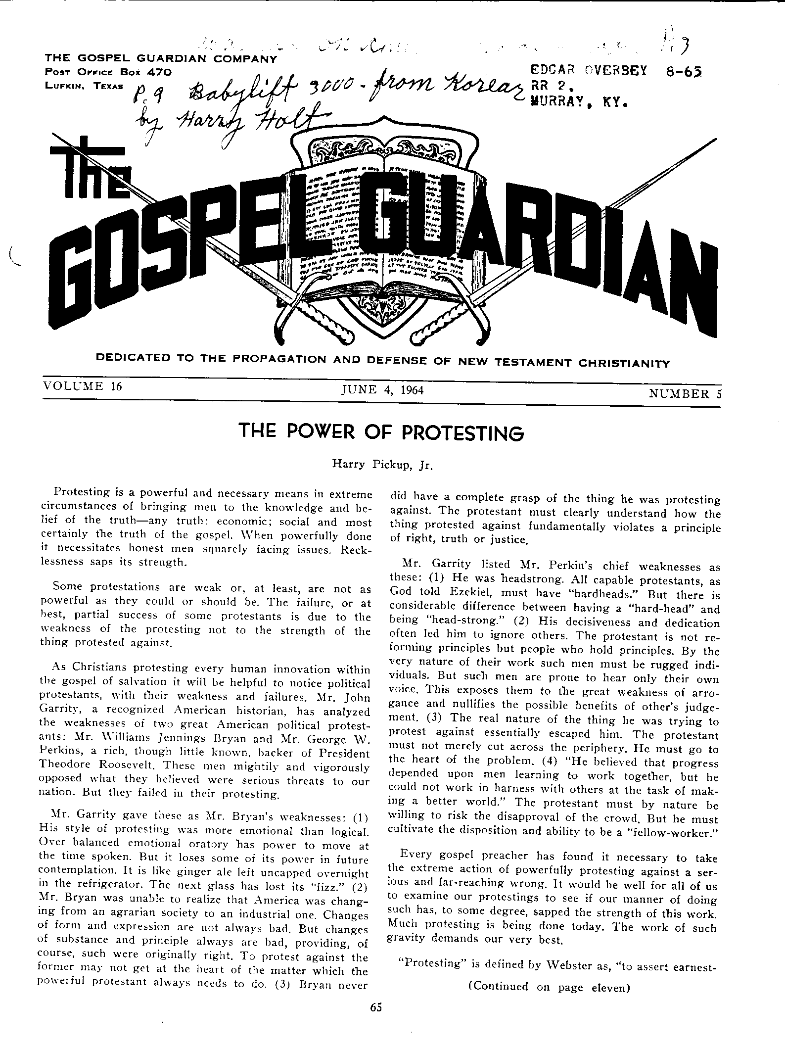 Gospel Guardian Original: Vol.16 No.5 Pg.1