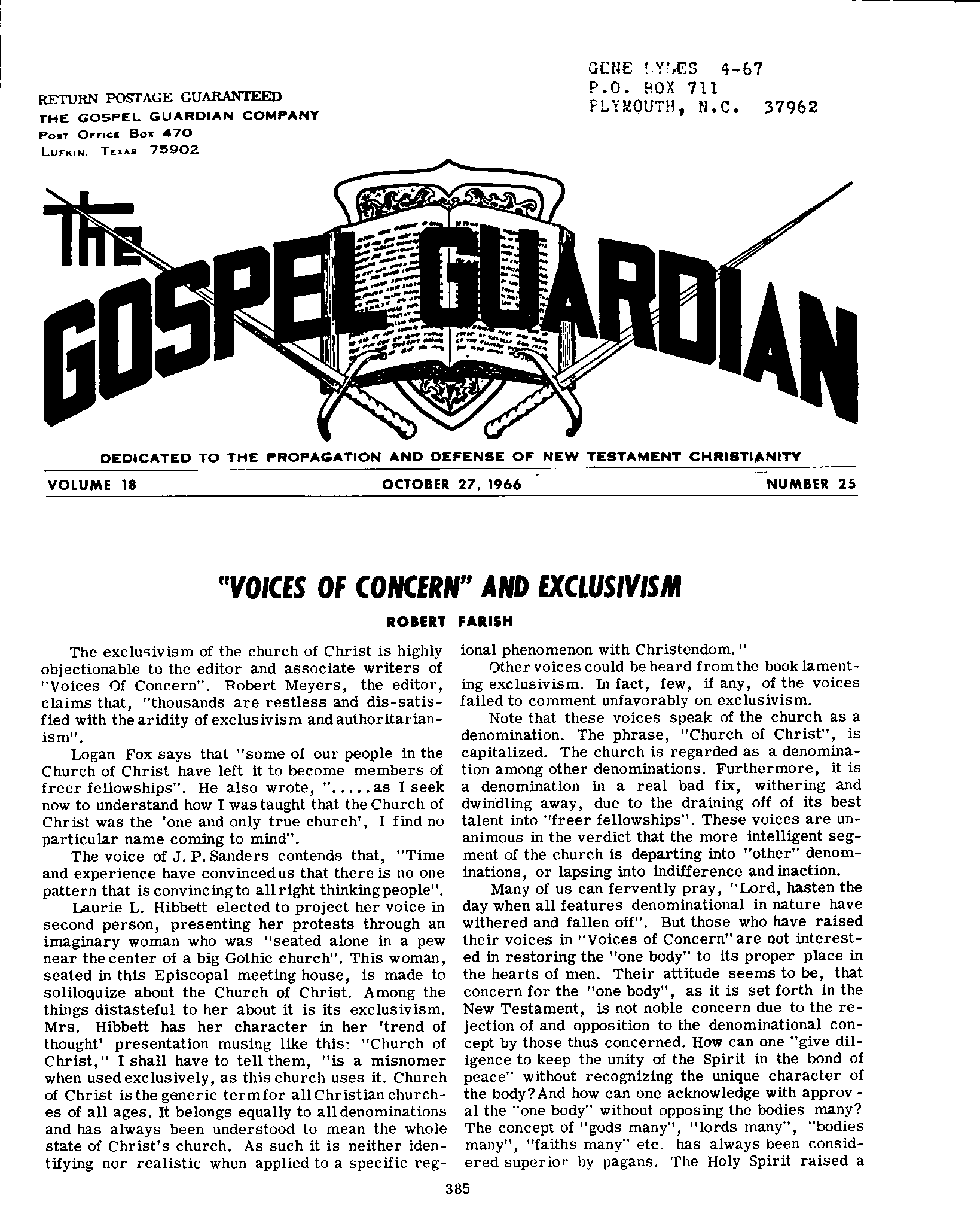 Gospel Guardian Original: Vol.18 No.25 Pg.1