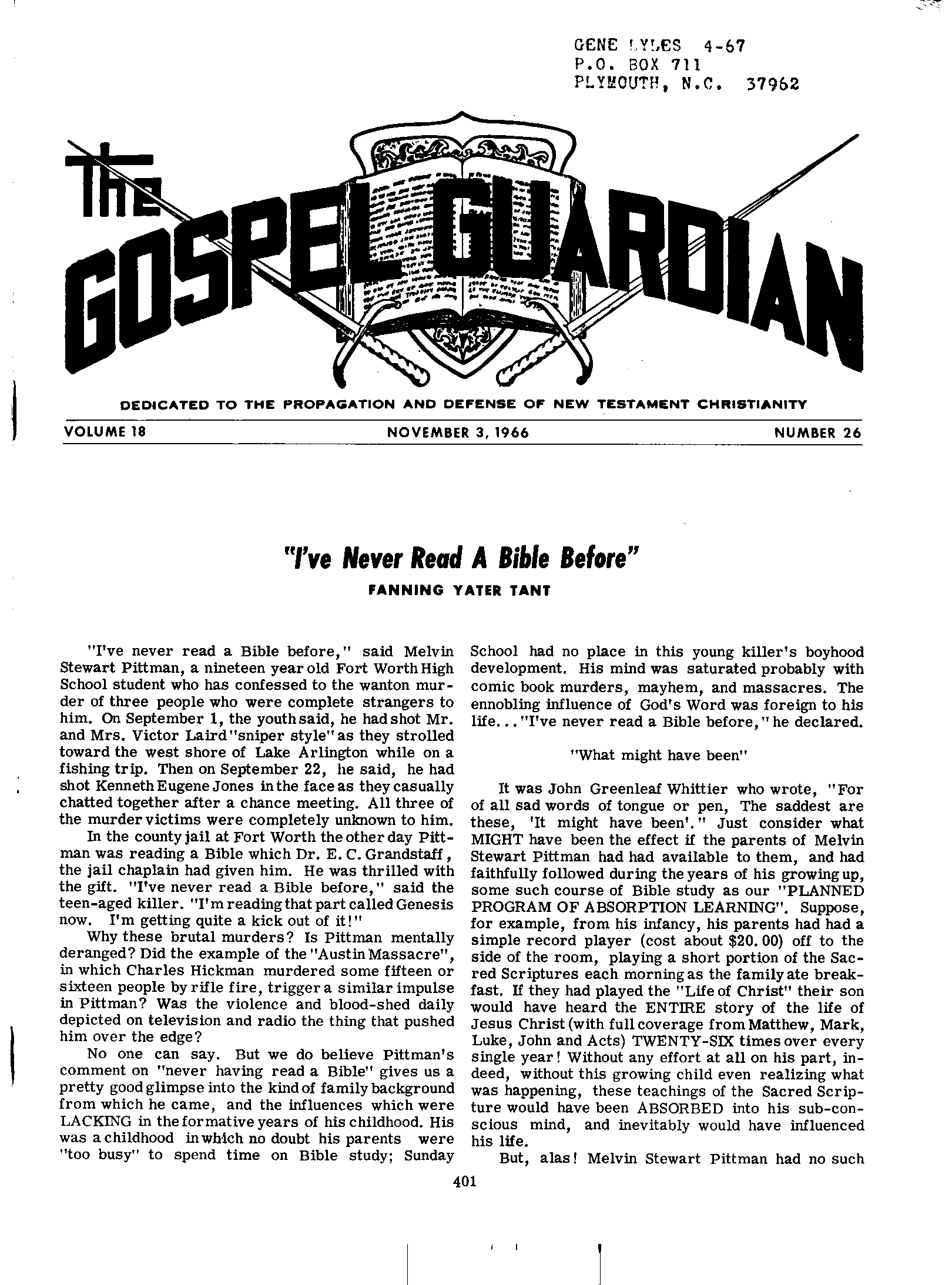Gospel Guardian Original: Vol.18 No.26 Pg.1