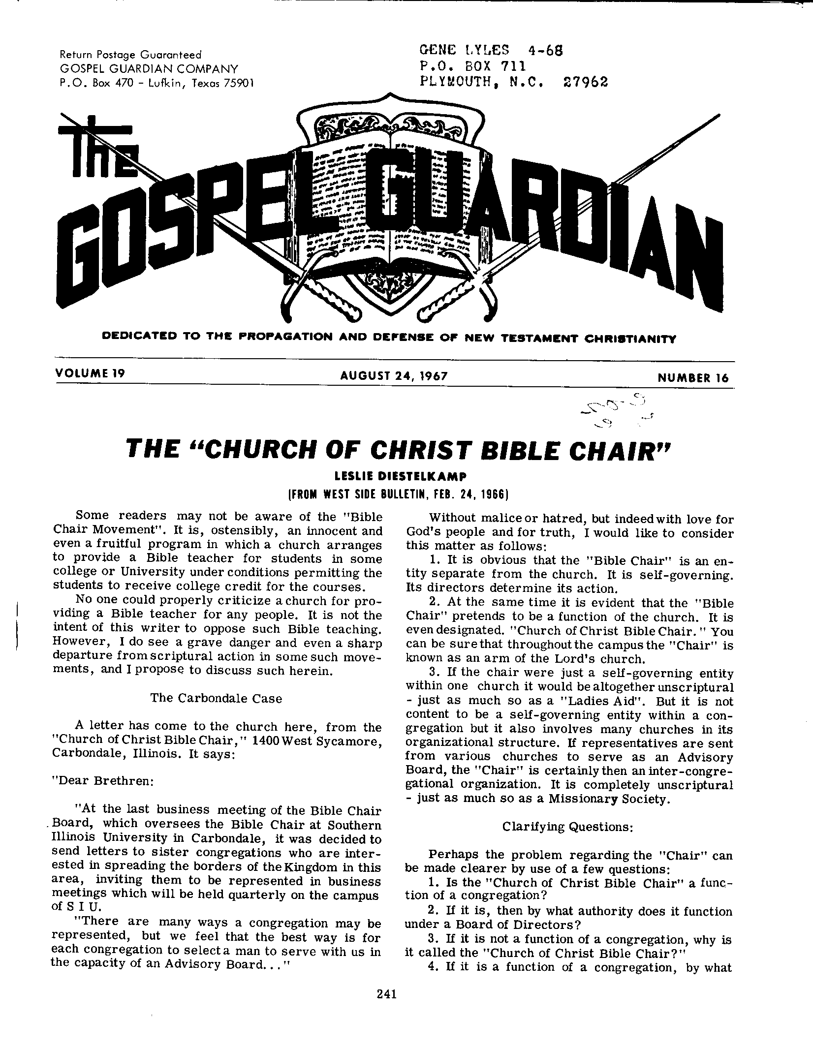 Gospel Guardian Original: Vol.19 No.16 Pg.1