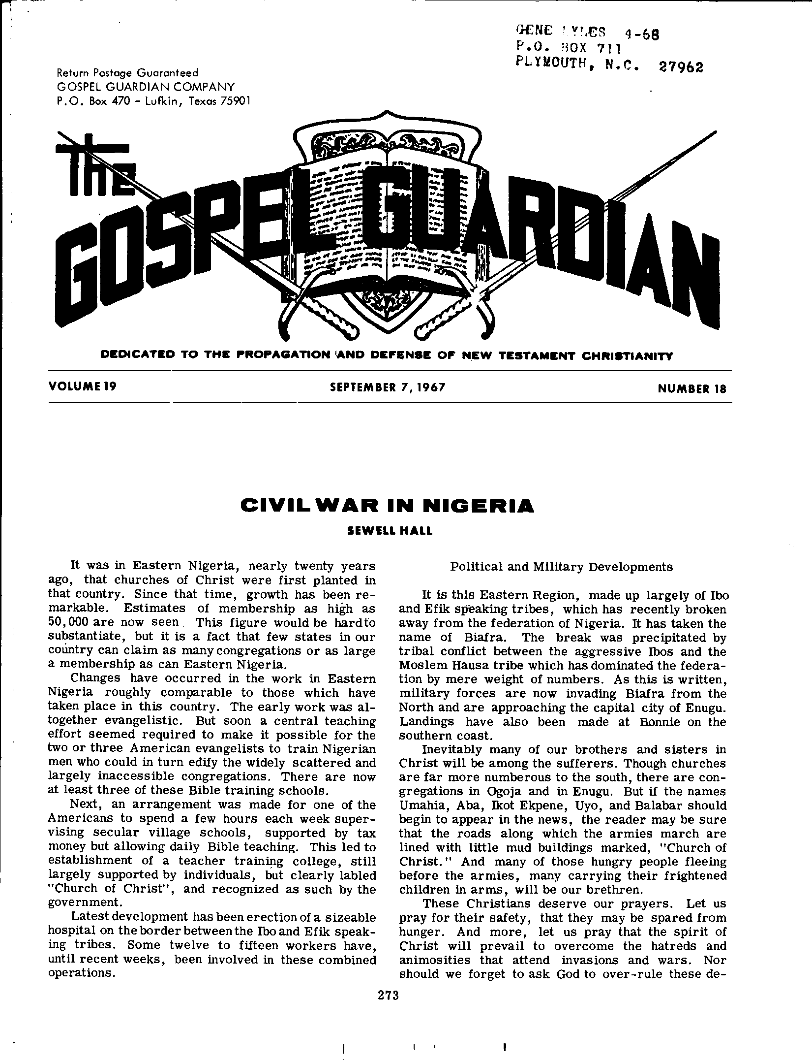 Gospel Guardian Original: Vol.19 No.18 Pg.1