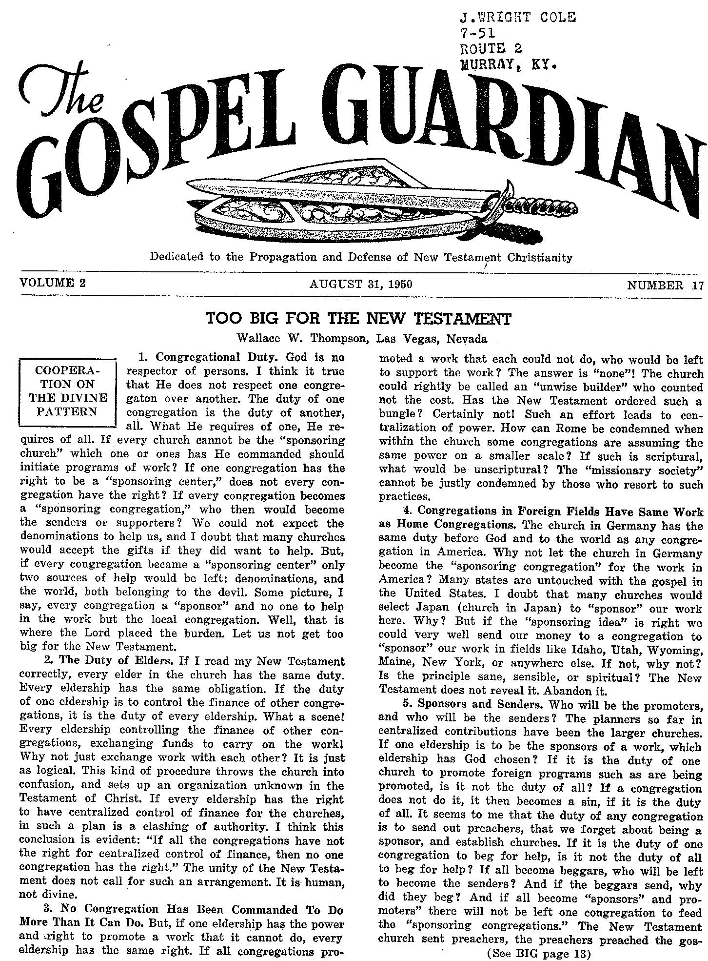 Gospel Guardian Original: Vol.2 No.17 Pg.1
