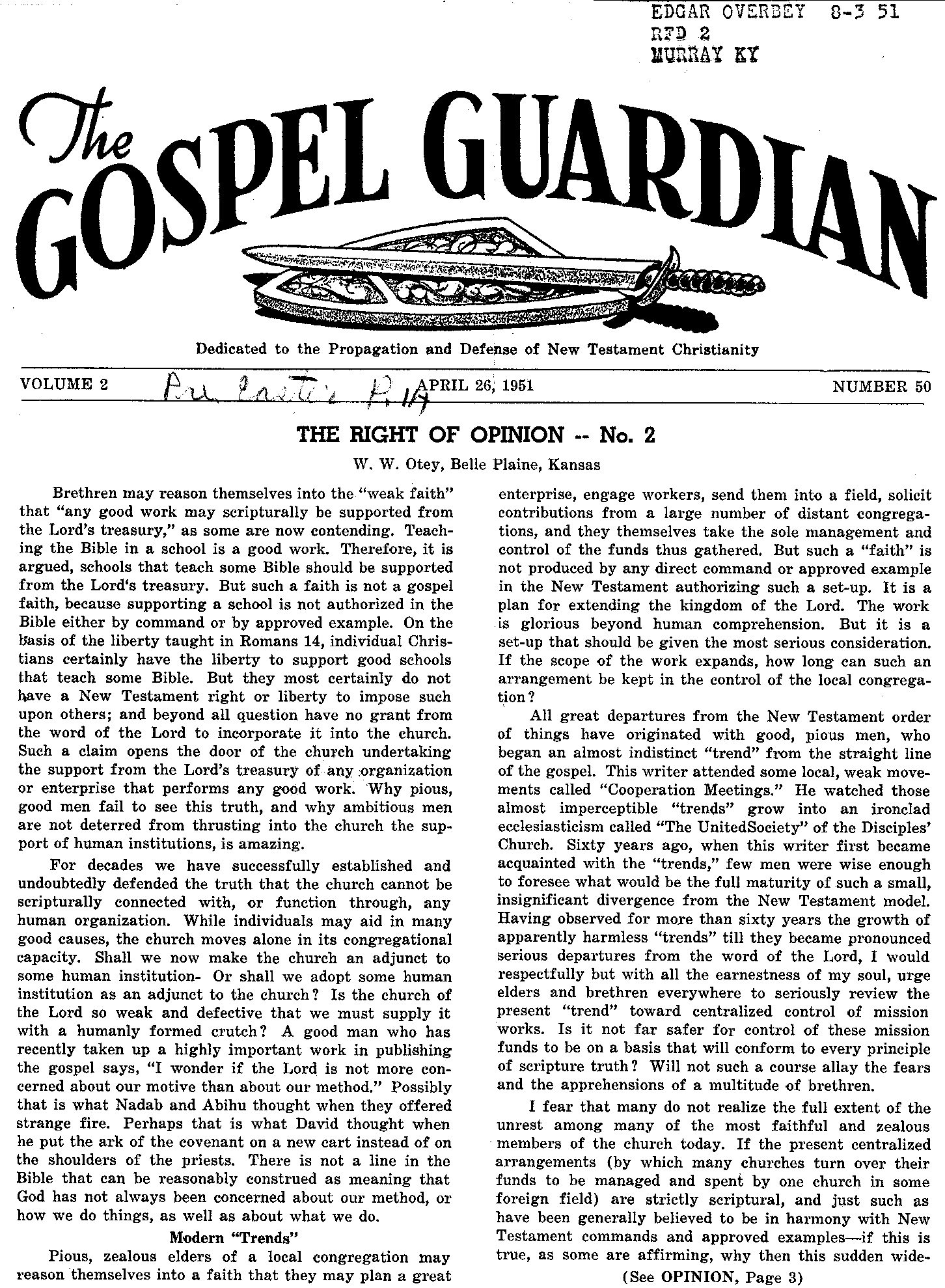 Gospel Guardian Original: Vol.2 No.50 Pg.1