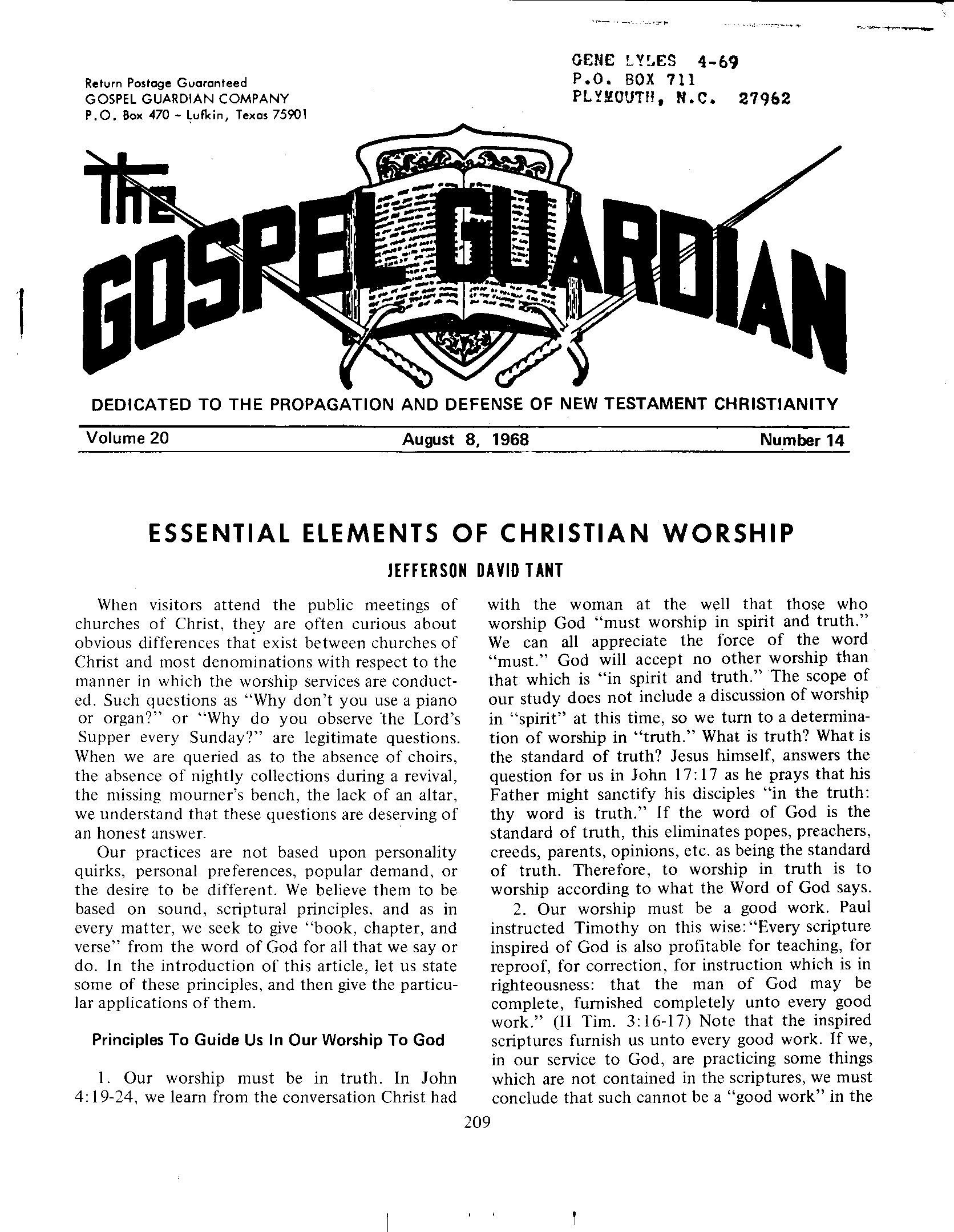 Gospel Guardian Original: Vol.20 No.14 Pg.1
