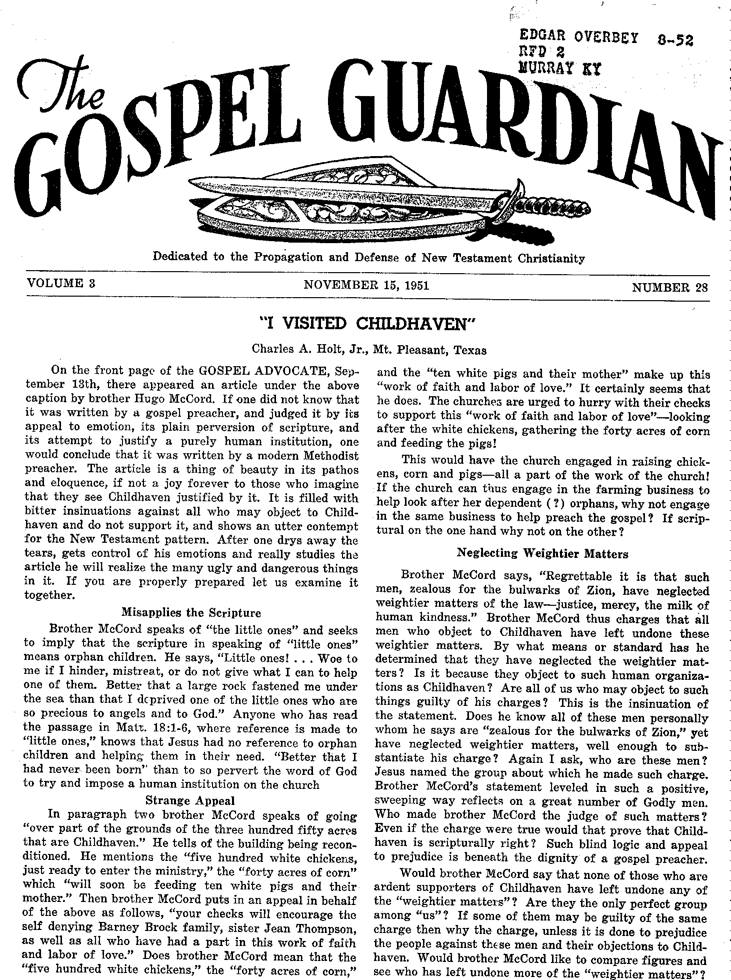 Gospel Guardian Original: Vol.3 No.28 Pg.1