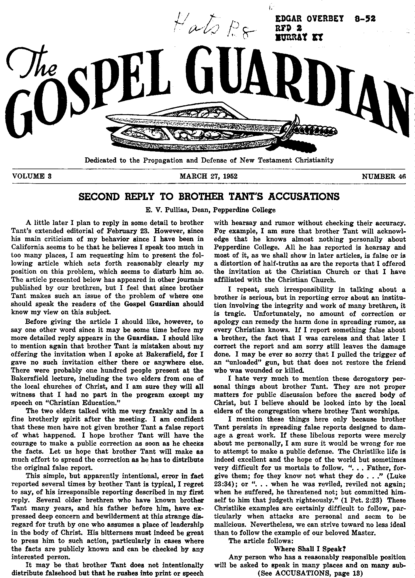 Gospel Guardian Original: Vol.3 No.46 Pg.1