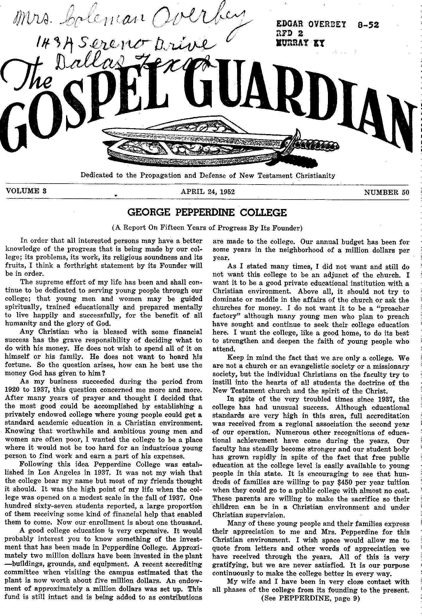 Gospel Guardian Original: Vol.3 No.50 Pg.1