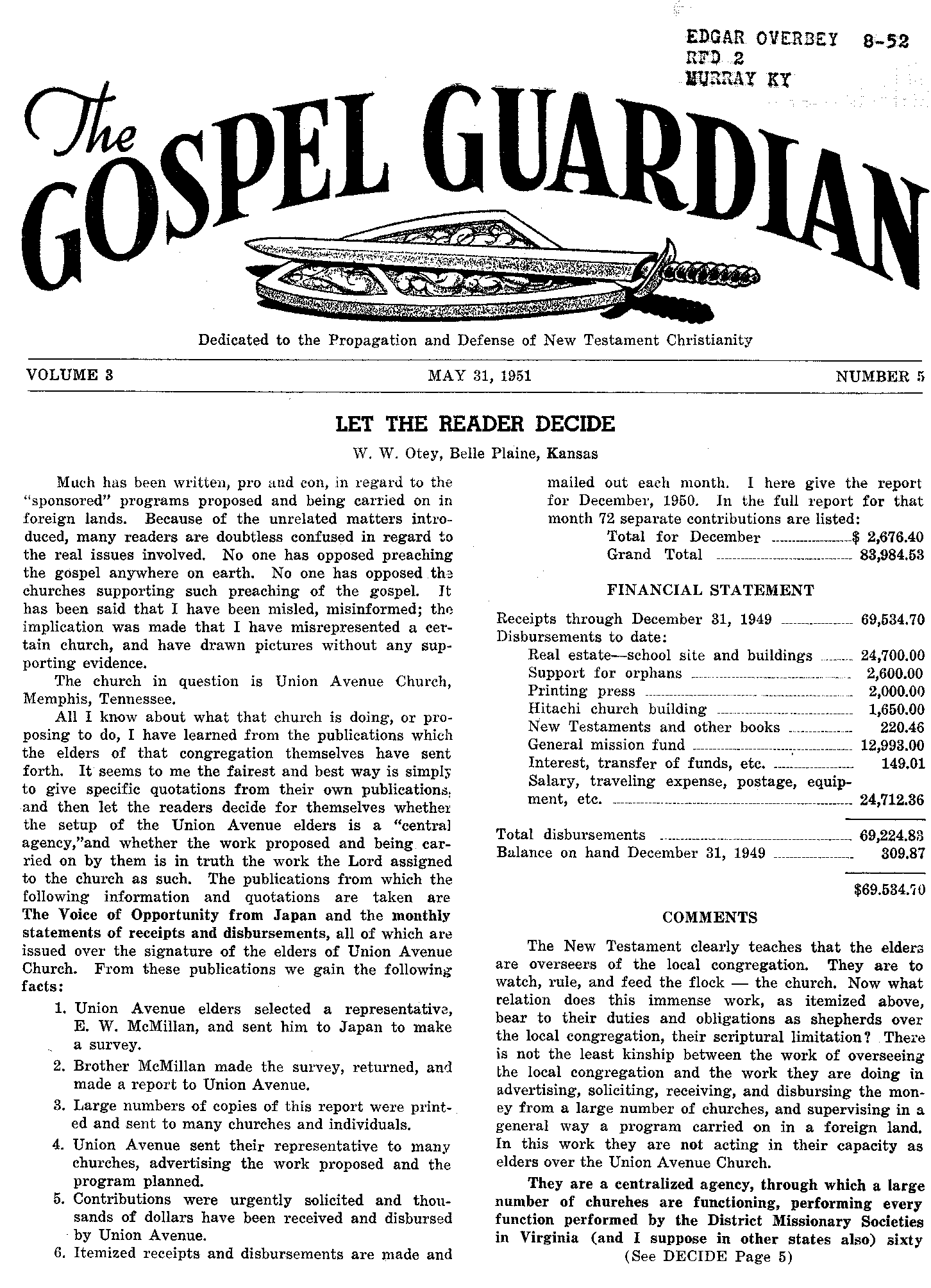 Gospel Guardian Original: Vol.3 No.5 Pg.1