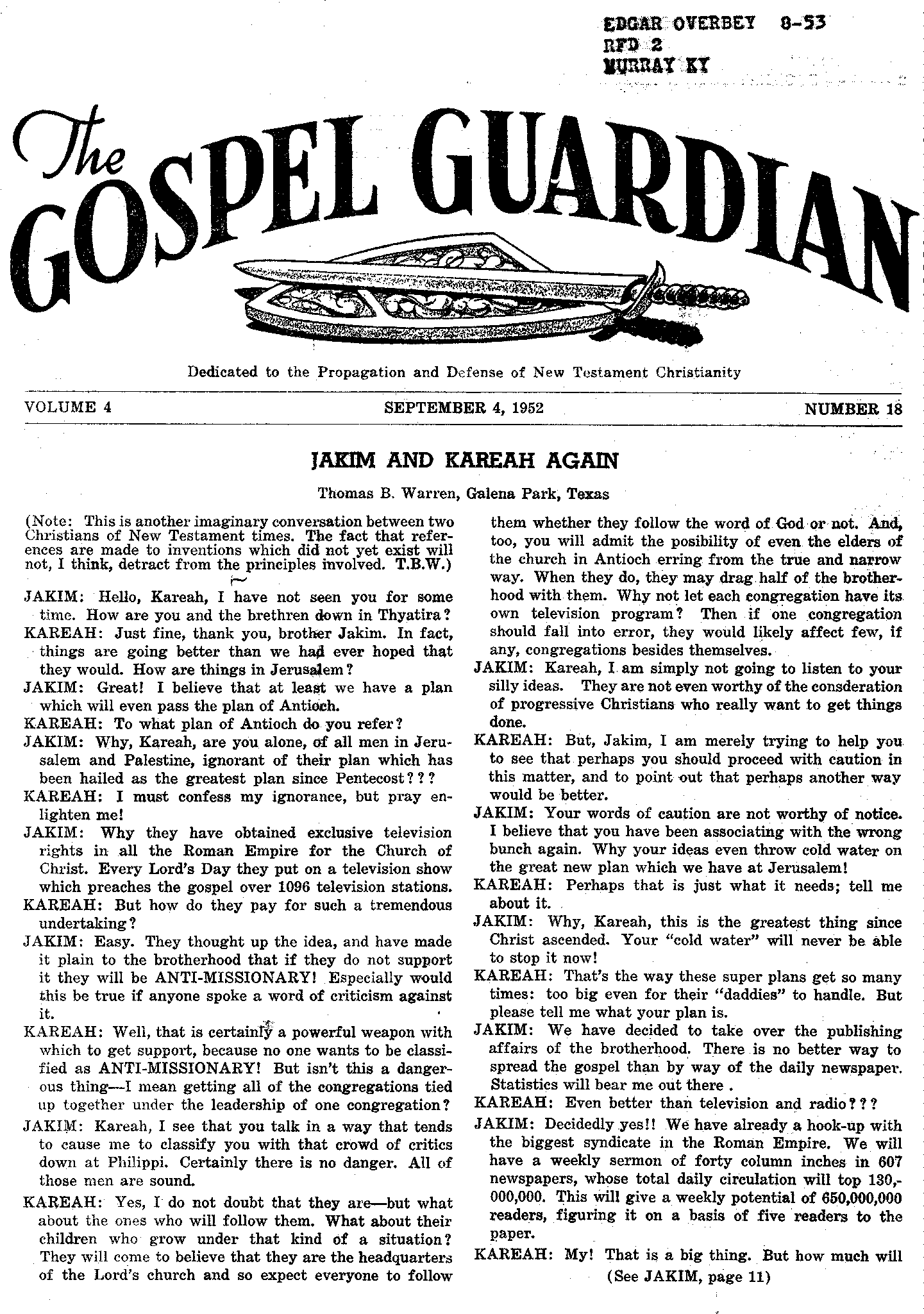 Gospel Guardian Original: Vol.4 No.18 Pg.1