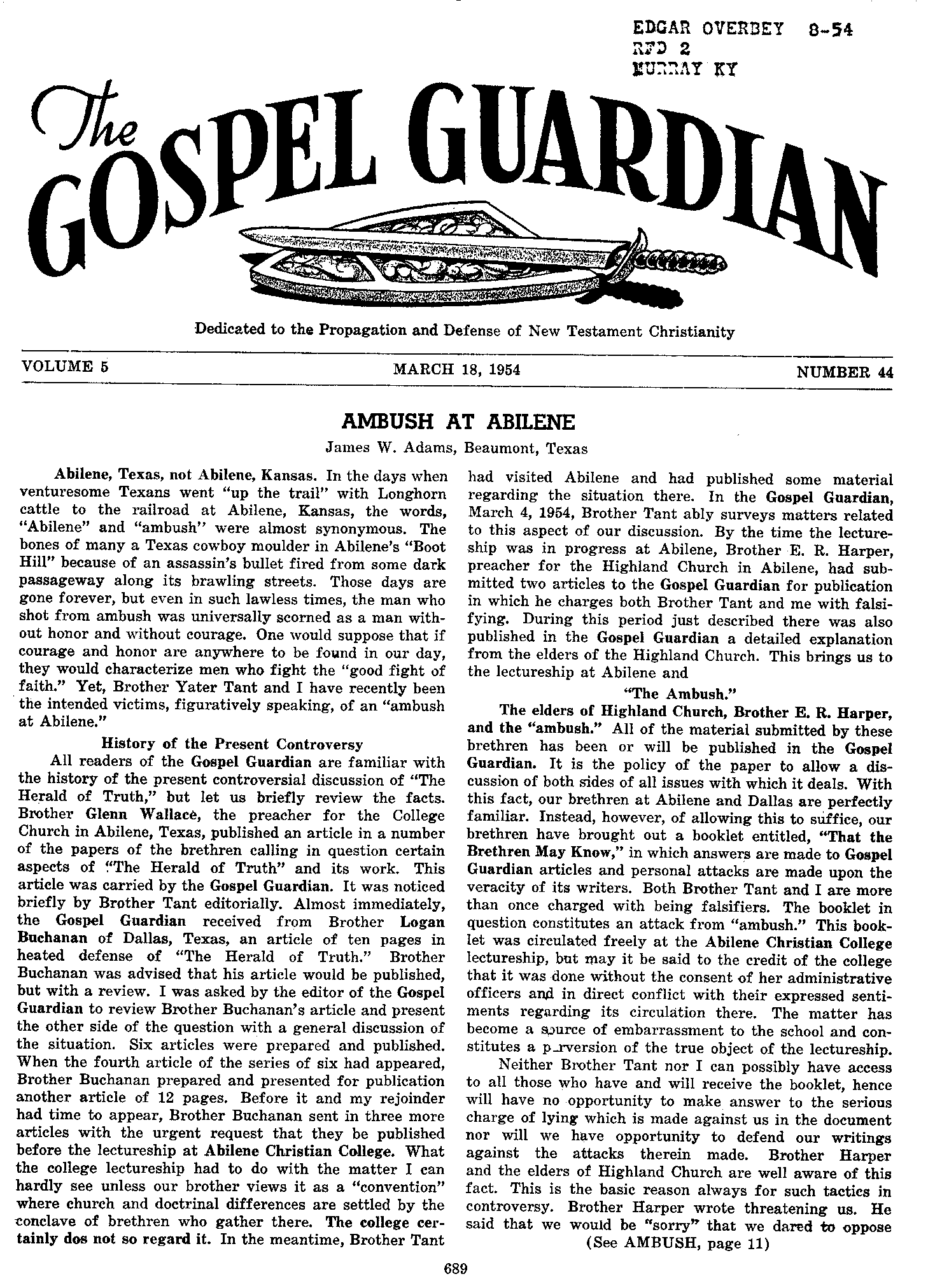 Gospel Guardian Original: Vol.5 No.44 Pg.1