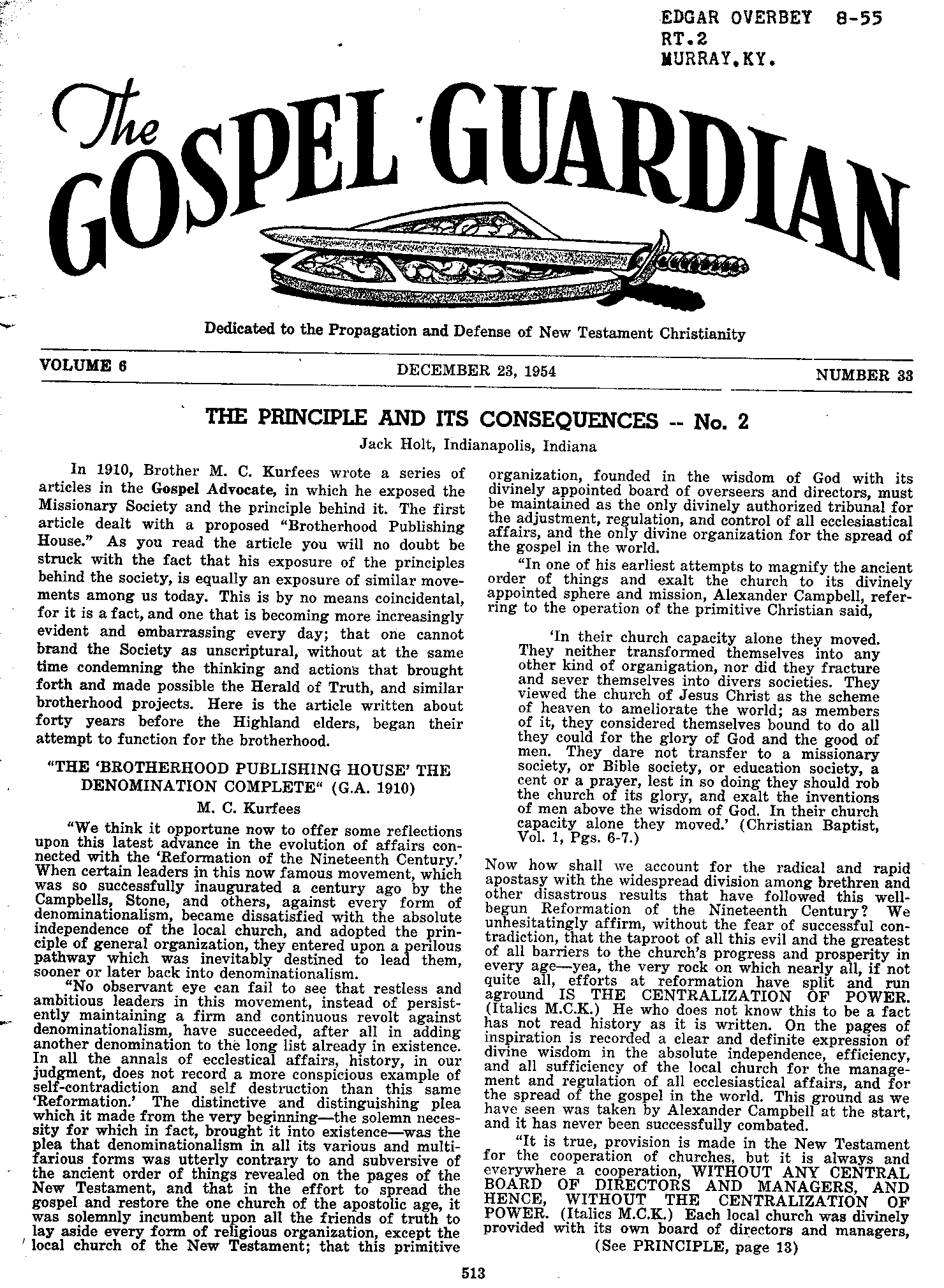 Gospel Guardian Original: Vol.6 No.33 Pg.1