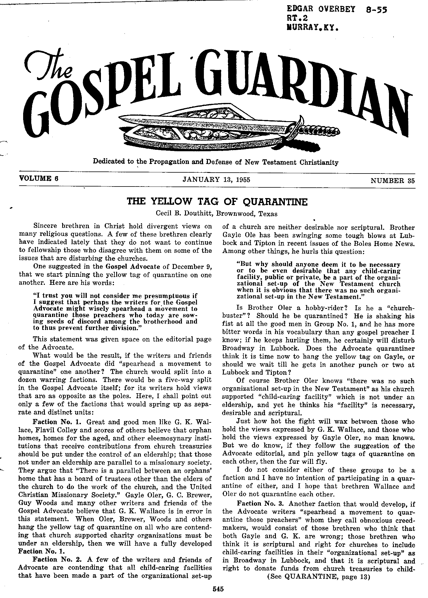 Gospel Guardian Original: Vol.6 No.35 Pg.1