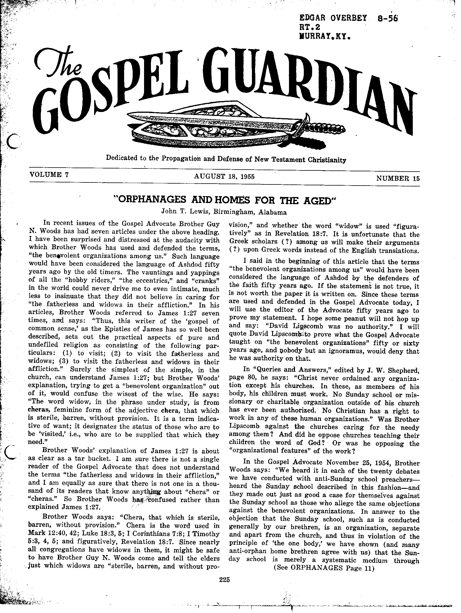 Gospel Guardian Original: Vol.7 No.15 Pg.1