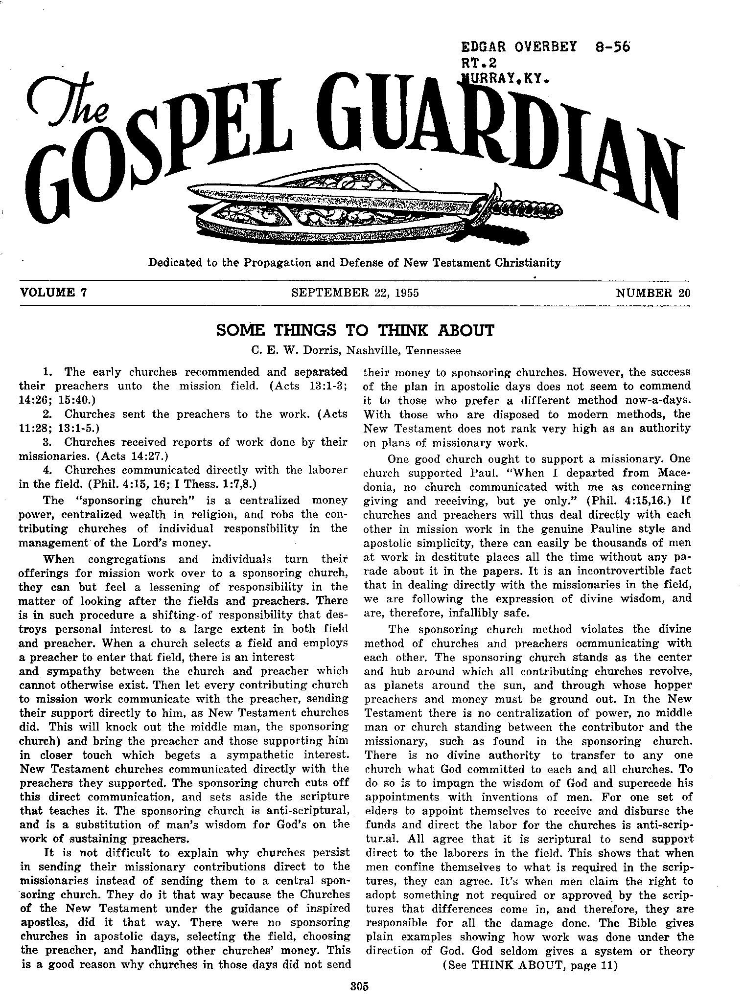 Gospel Guardian Original: Vol.7 No.20 Pg.1
